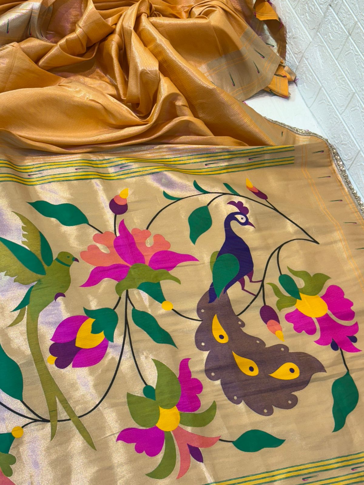 Golden Tissue Paithani Saree with Handwoven Peacock & Floral Motif Pallu