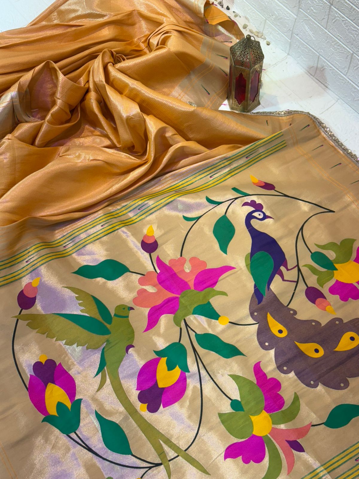 Golden Tissue Paithani Saree with Handwoven Peacock & Floral Motif Pallu