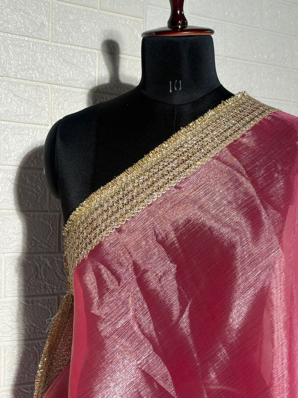 Rose Pink Organza Saree with Shimmer Finish and Embroidered Gold Border