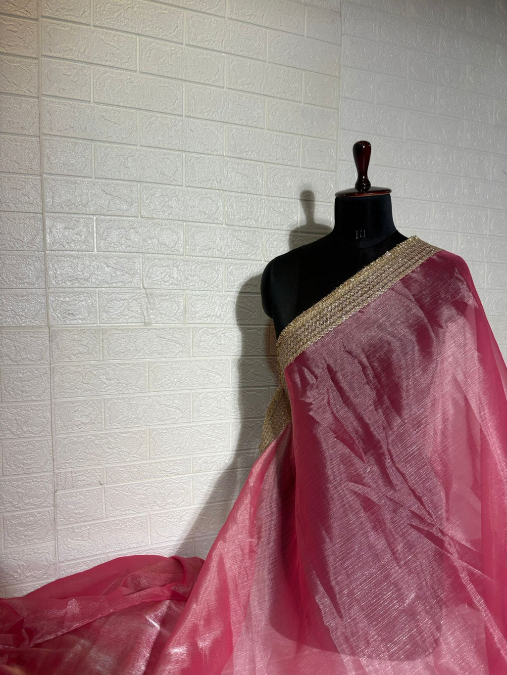 Rose Pink Organza Saree with Shimmer Finish and Embroidered Gold Border