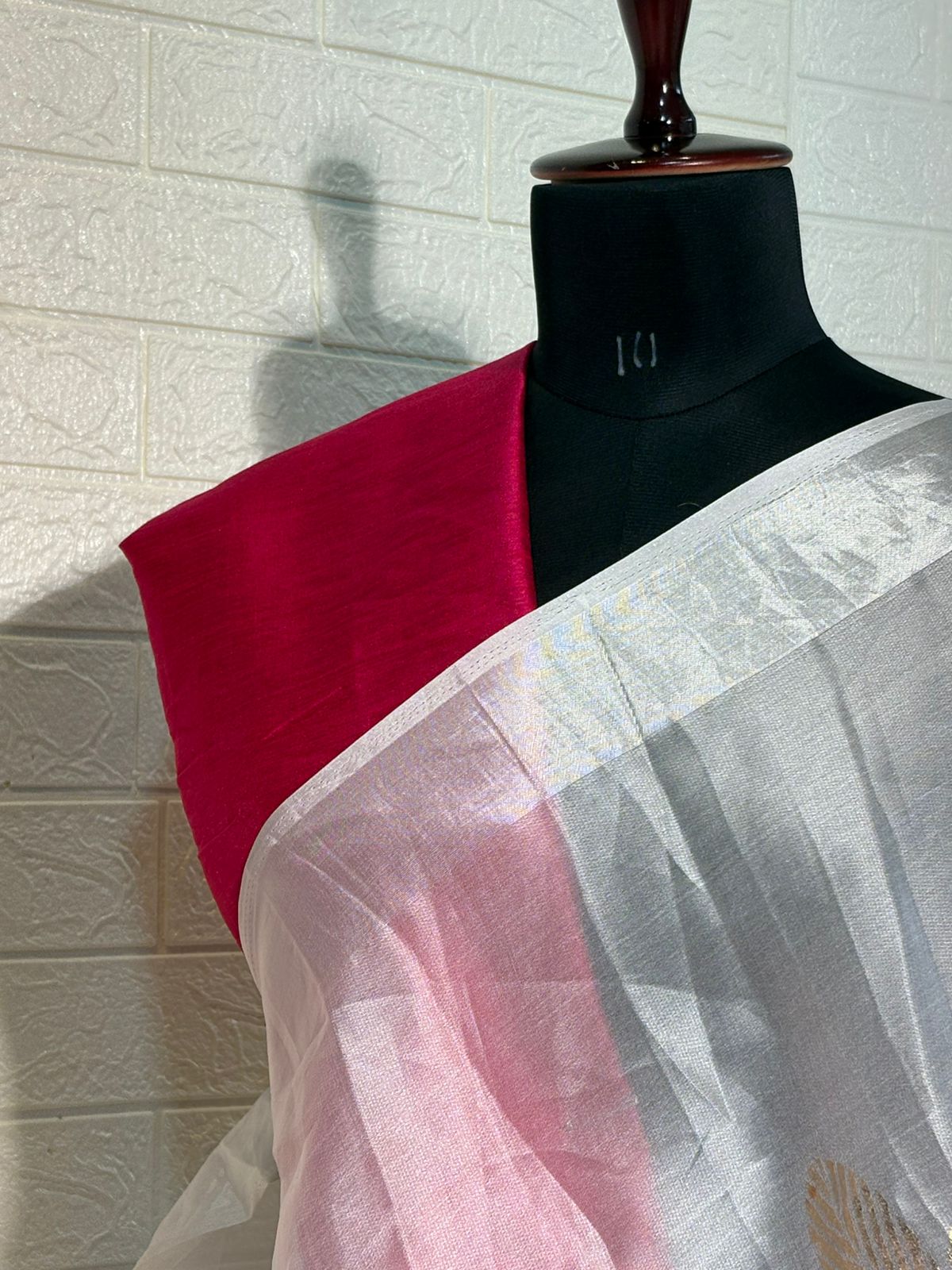 White Organza Saree with Pink Floral Prints and Golden Leaf Detailing