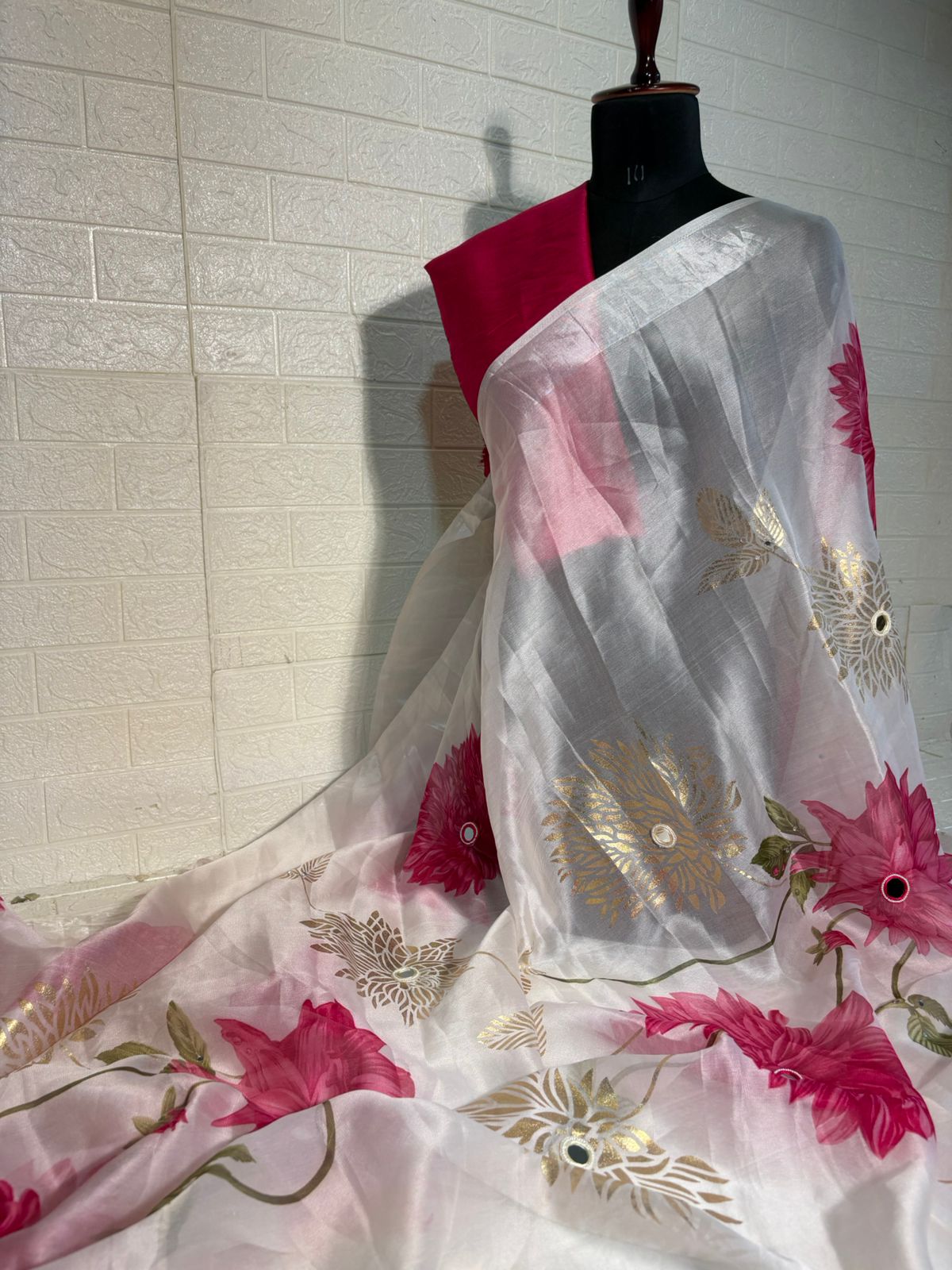 White Organza Saree with Pink Floral Prints and Golden Leaf Detailing
