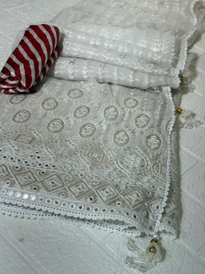 White Embroidered Net Saree with Heavy Cutwork Border