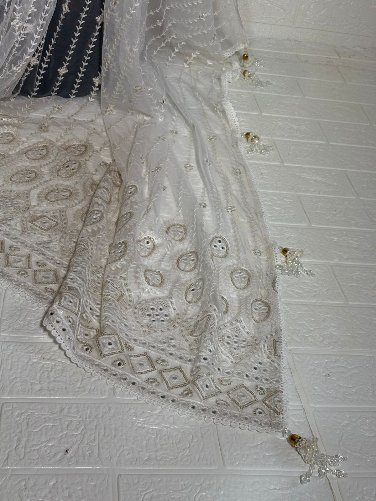 White Embroidered Net Saree with Heavy Cutwork Border