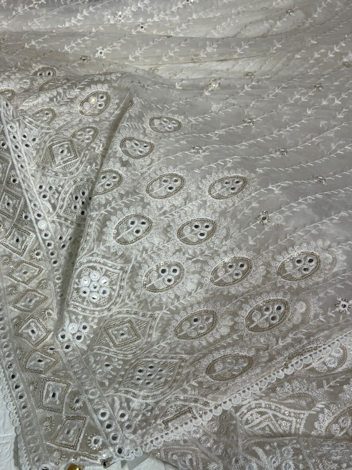 White Embroidered Net Saree with Heavy Cutwork Border