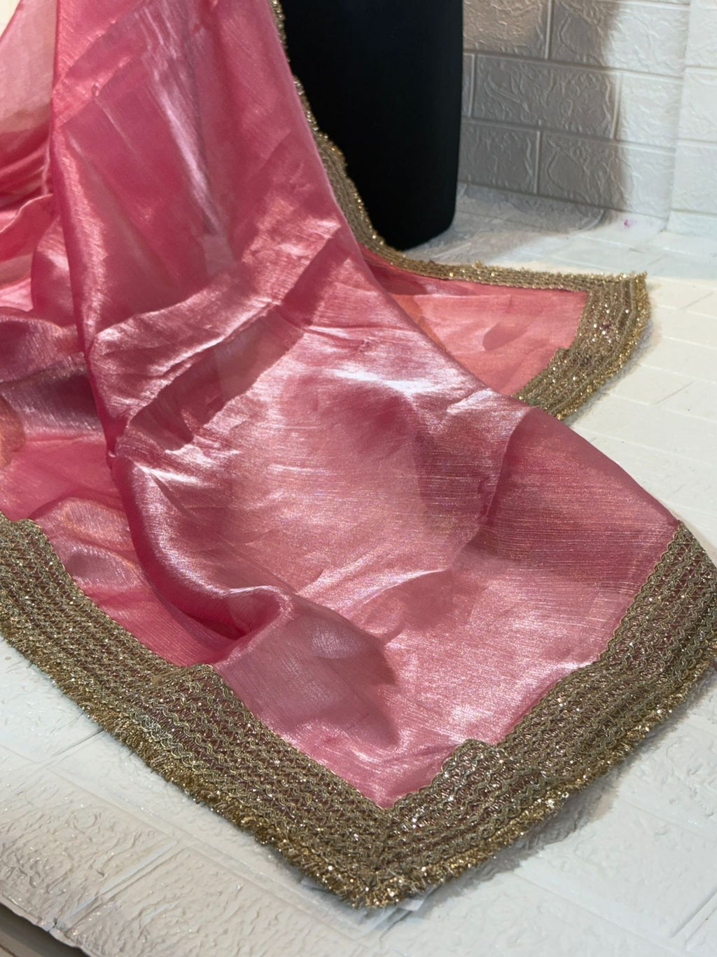 Rose Pink Organza Saree with Shimmer Finish and Embroidered Gold Border