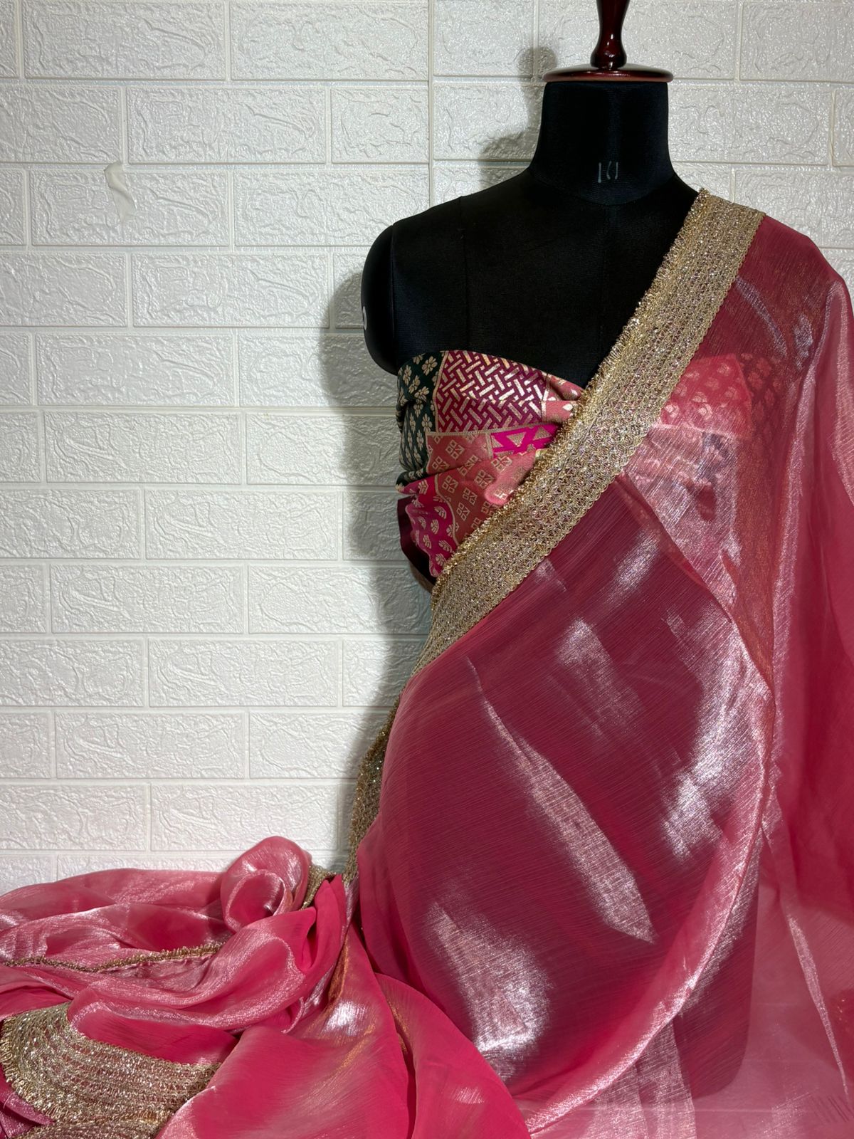 Rose Pink Organza Saree with Shimmer Finish and Embroidered Gold Border