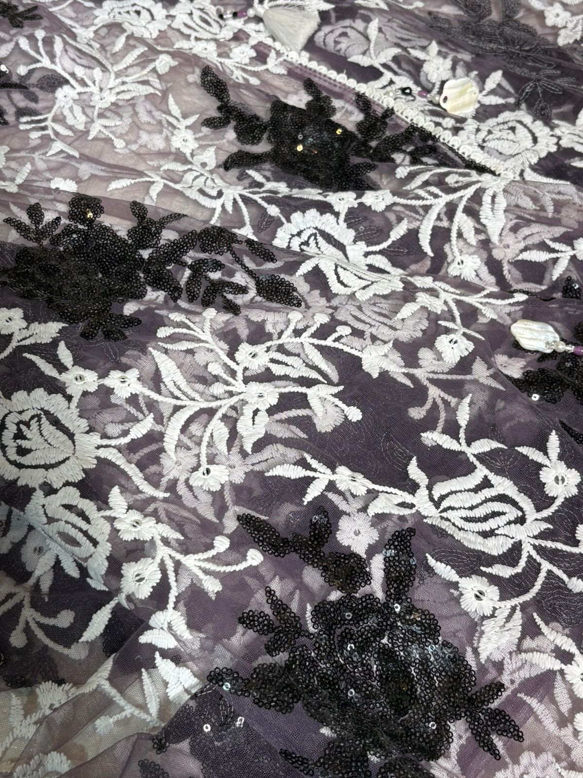 Charcoal Grey Net Saree with White Floral Embroidery and Black Sequin Accents