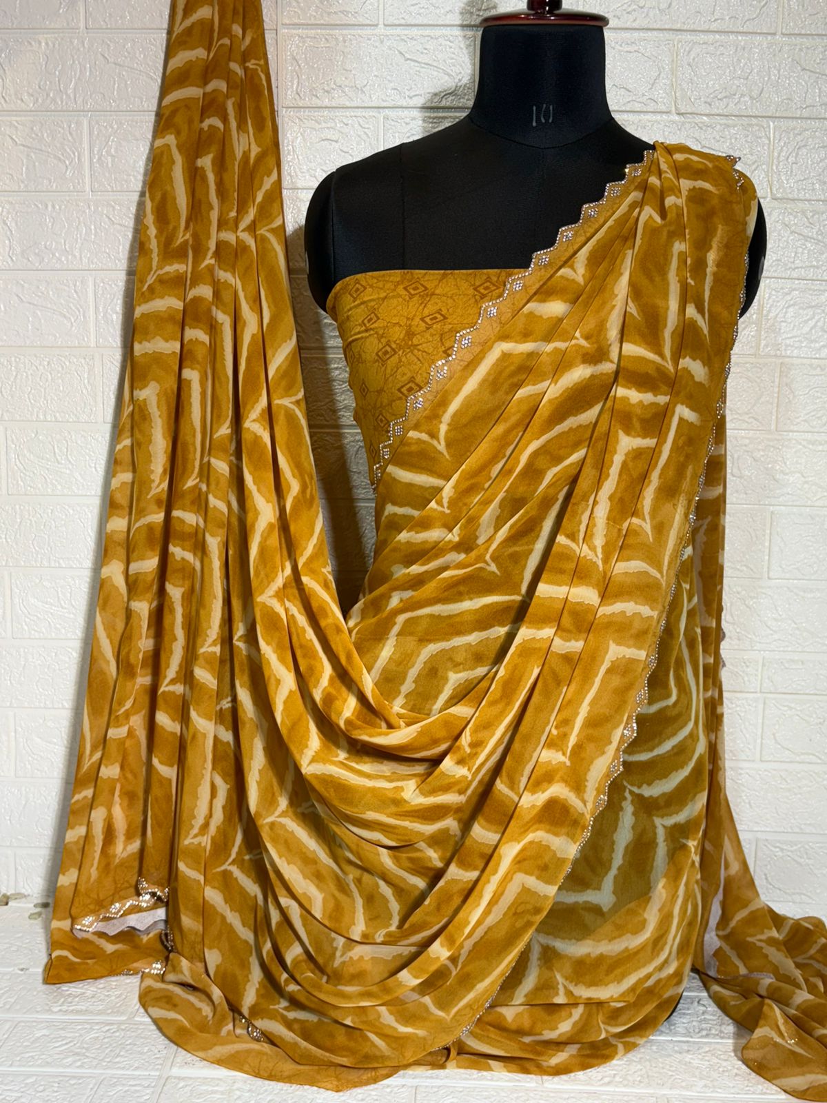 Mustard Yellow Shibori Chiffon Saree with Subtle diamond Border