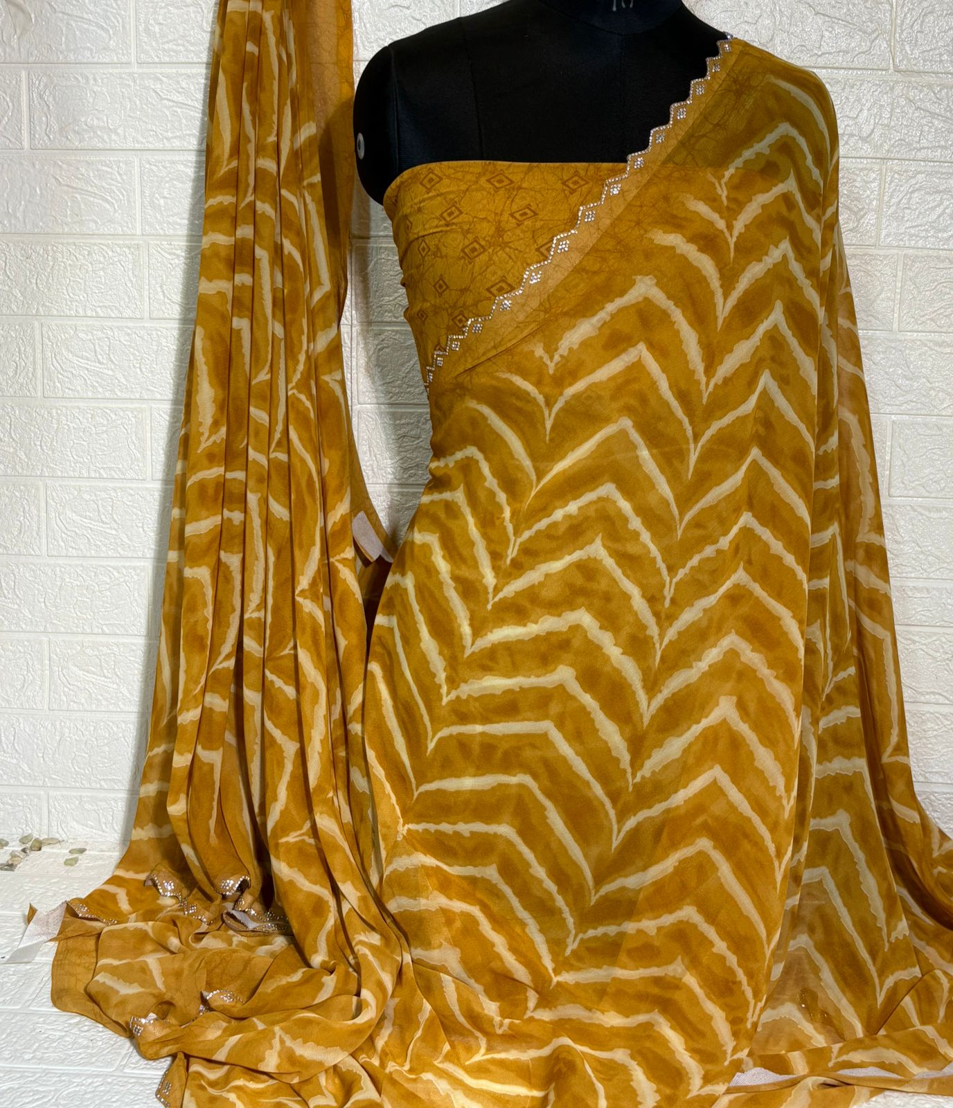 Mustard Yellow Shibori Chiffon Saree with Subtle diamond Border
