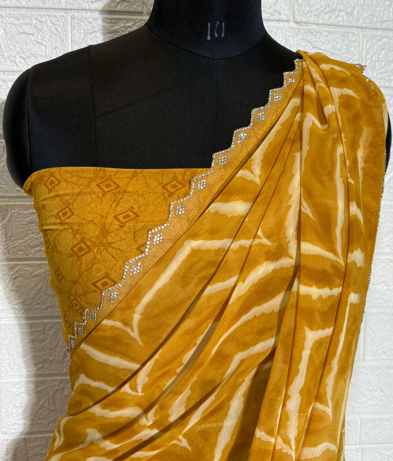 Mustard Yellow Shibori Chiffon Saree with Subtle diamond Border
