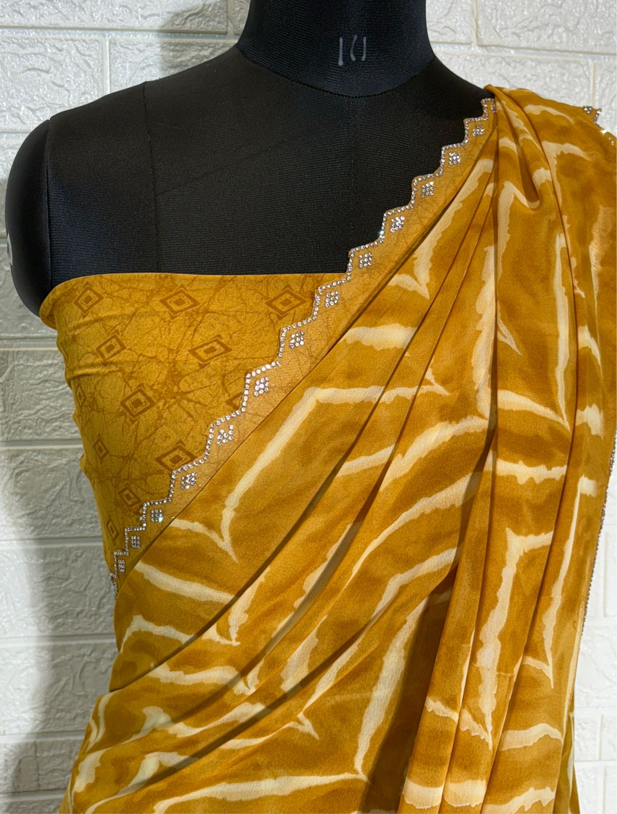 Mustard Yellow Shibori Chiffon Saree with Subtle diamond Border