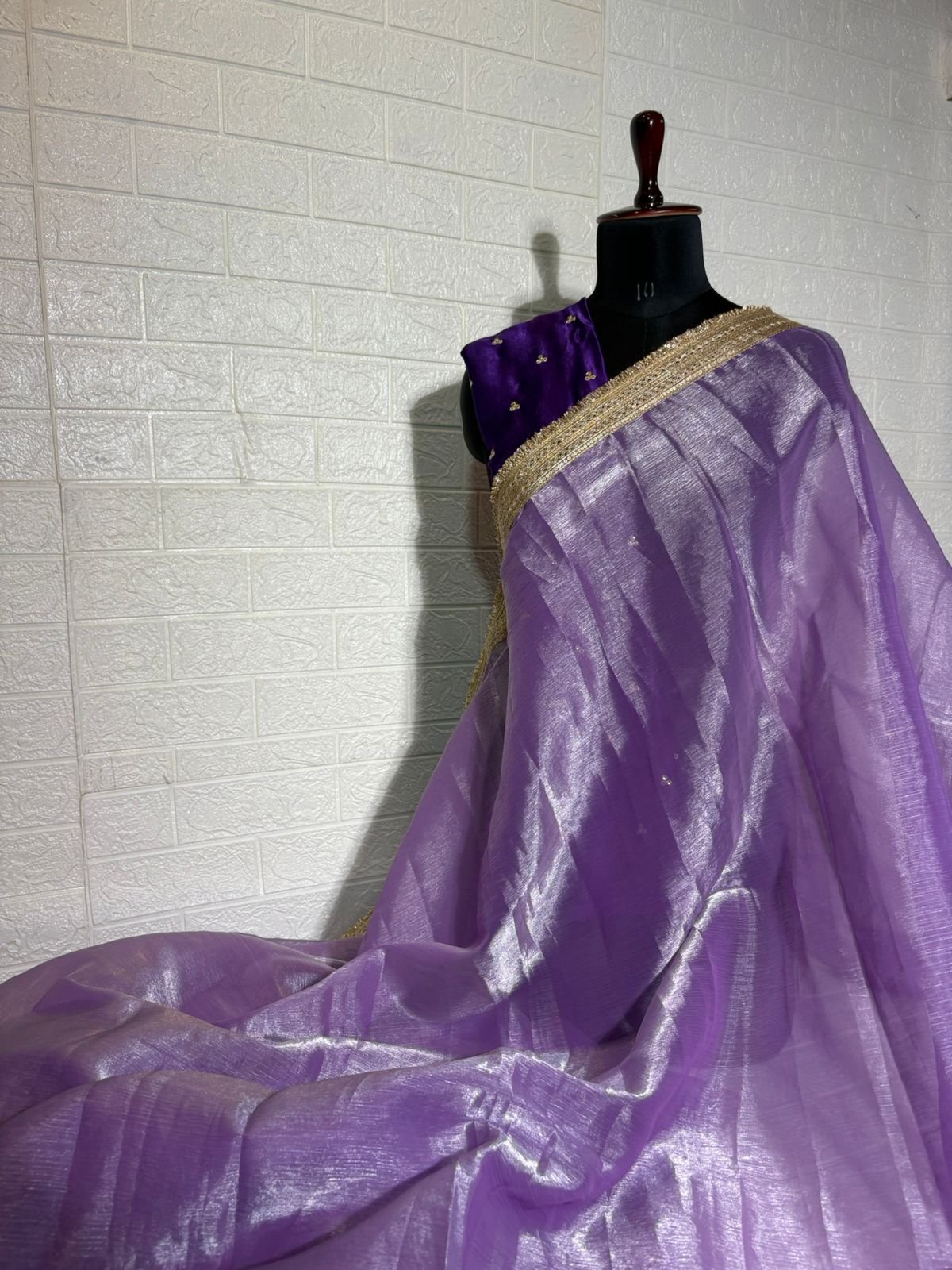 Lavender Organza Saree with Golden Border and Purple Embroidered Blouse