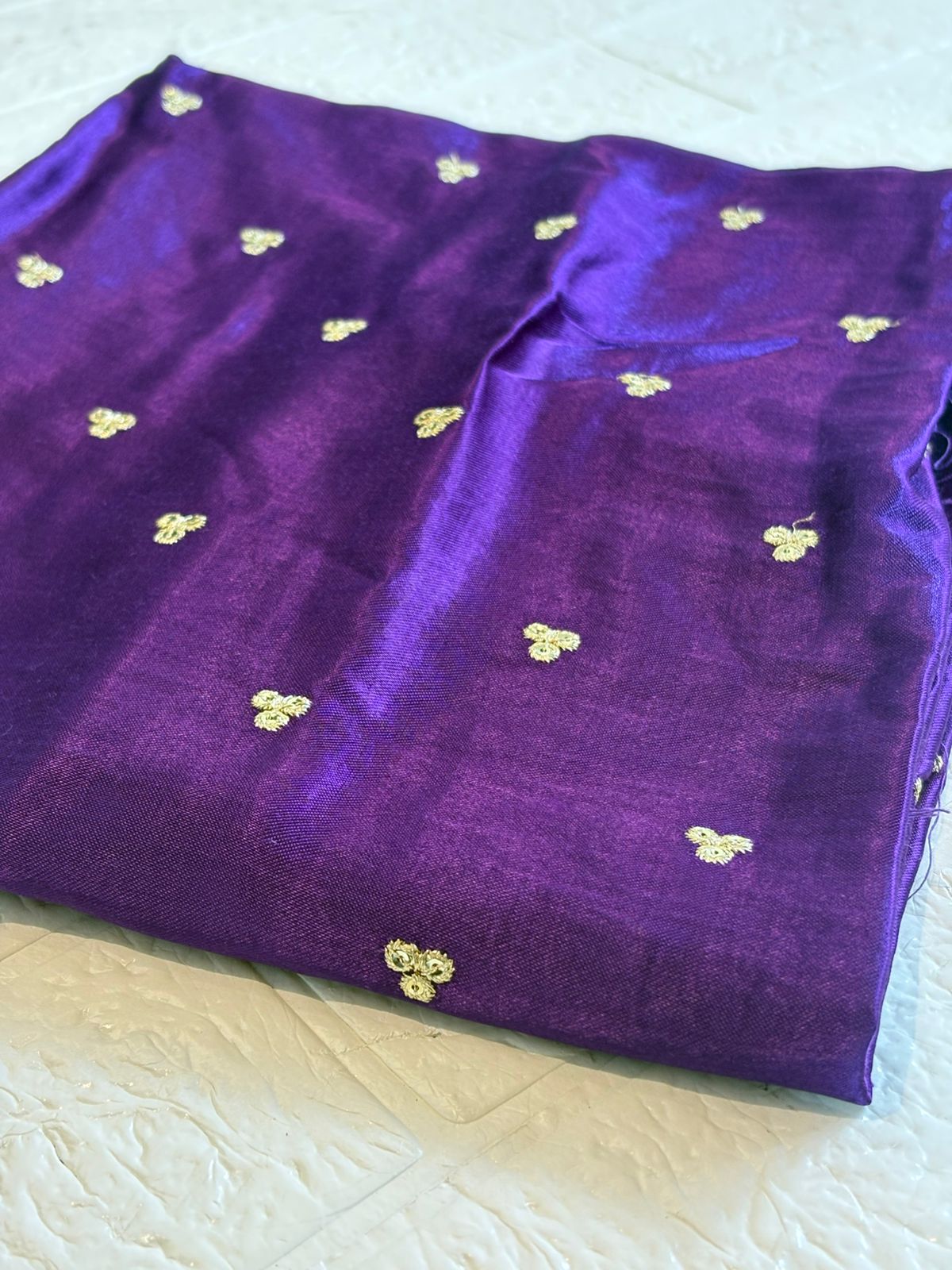 Lavender Organza Saree with Golden Border and Purple Embroidered Blouse