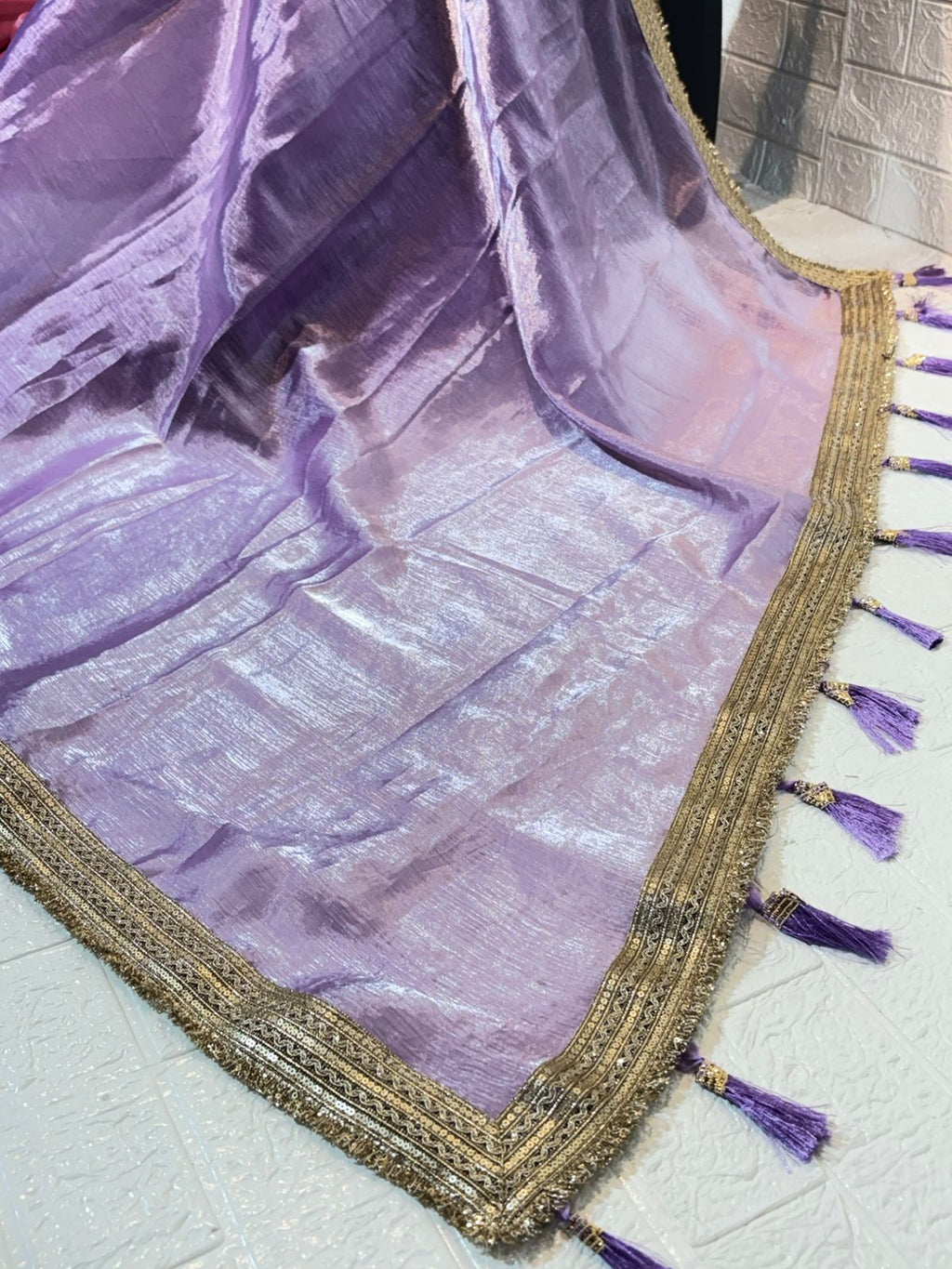 Lavender Organza Saree with Golden Border and Purple Embroidered Blouse