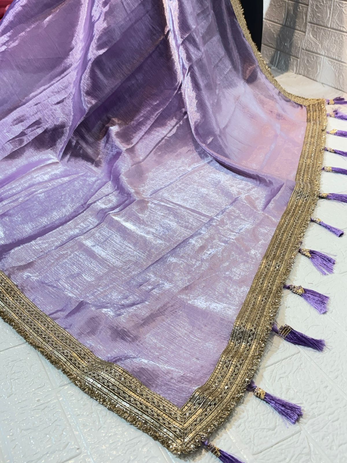 Lavender Organza Saree with Golden Border and Purple Embroidered Blouse