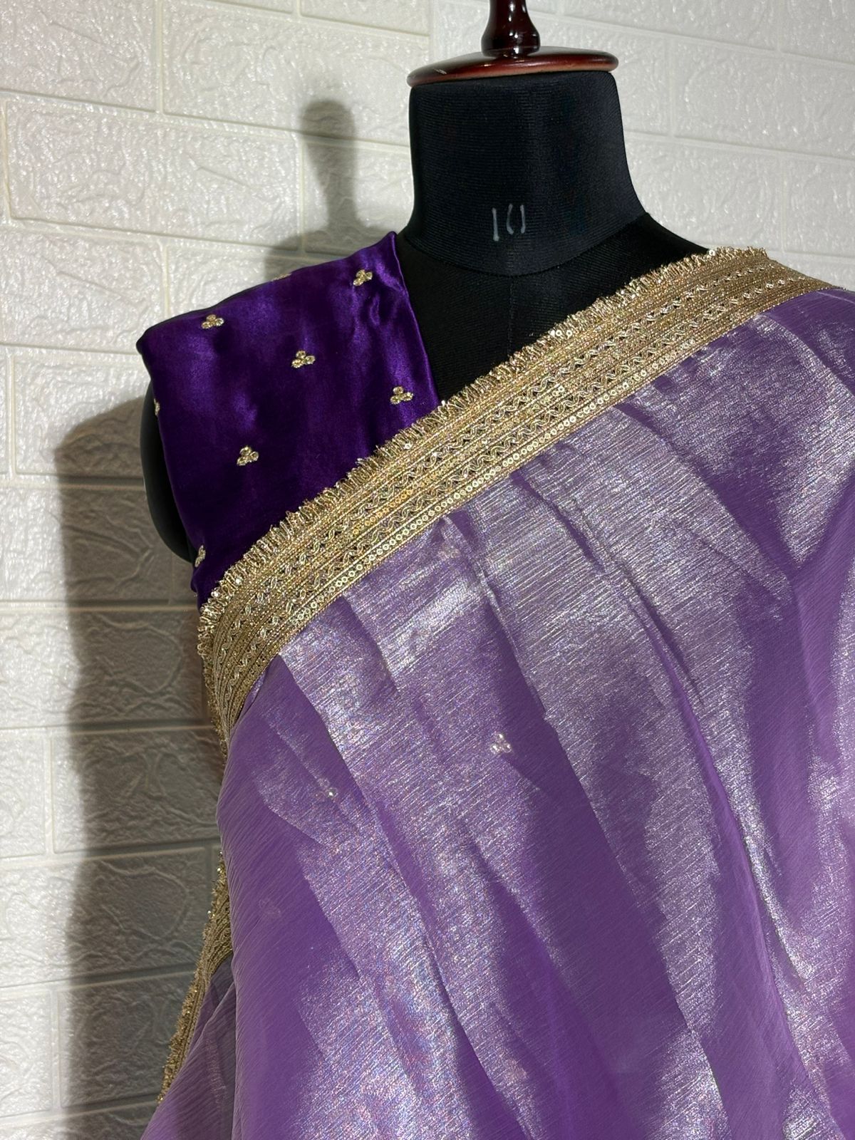 Lavender Organza Saree with Golden Border and Purple Embroidered Blouse