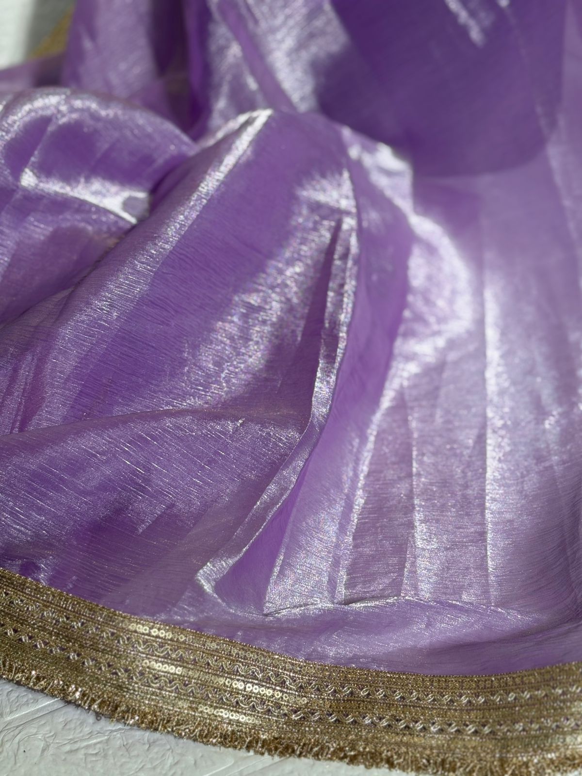 Lavender Organza Saree with Golden Border and Purple Embroidered Blouse