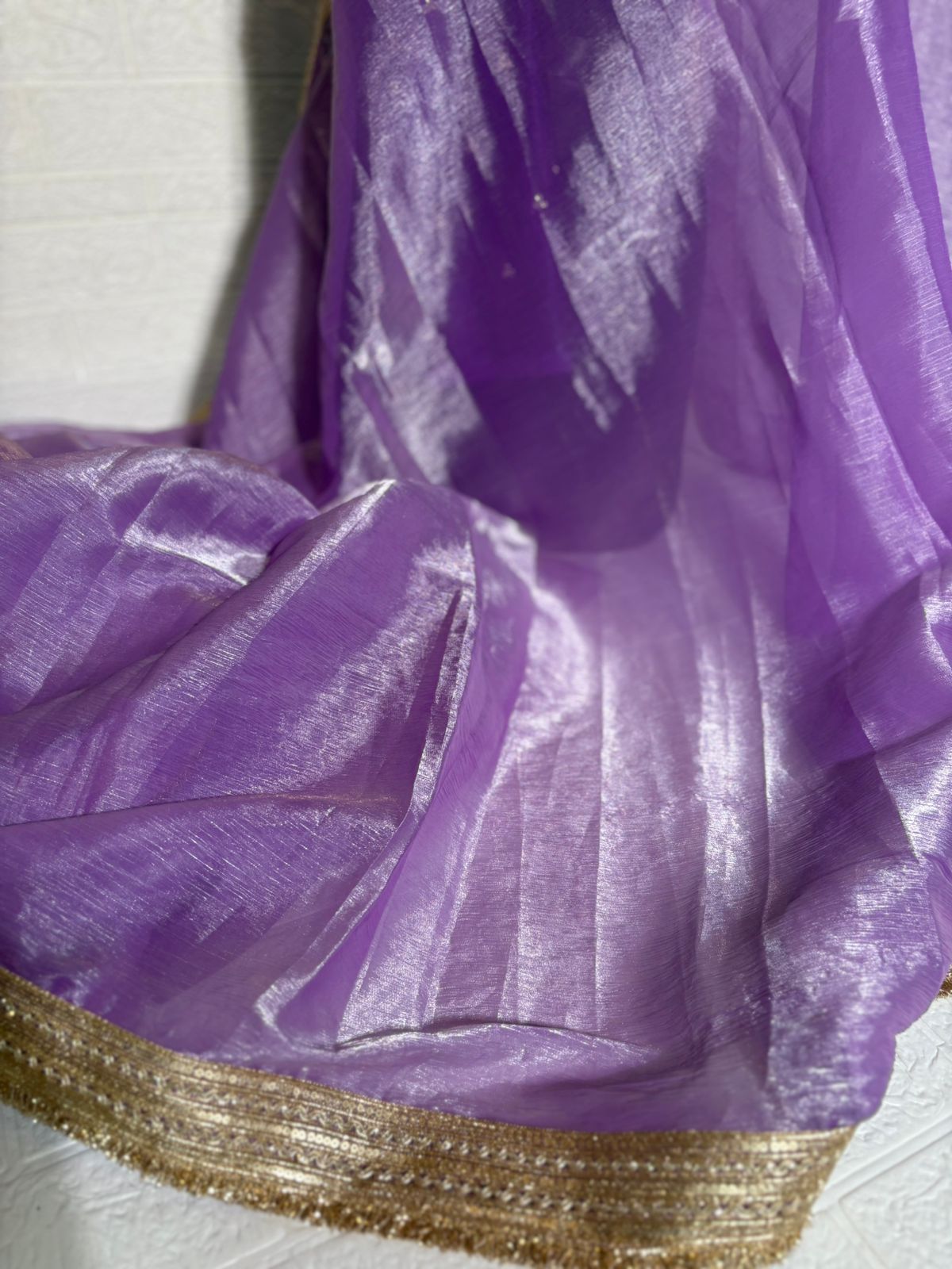 Lavender Organza Saree with Golden Border and Purple Embroidered Blouse