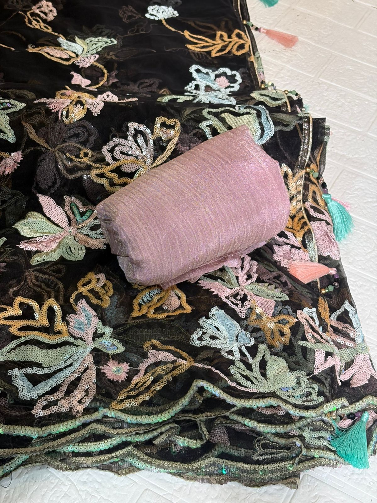 Black Net Saree with Multicolor Thread Embroidery and Mauve Blouse