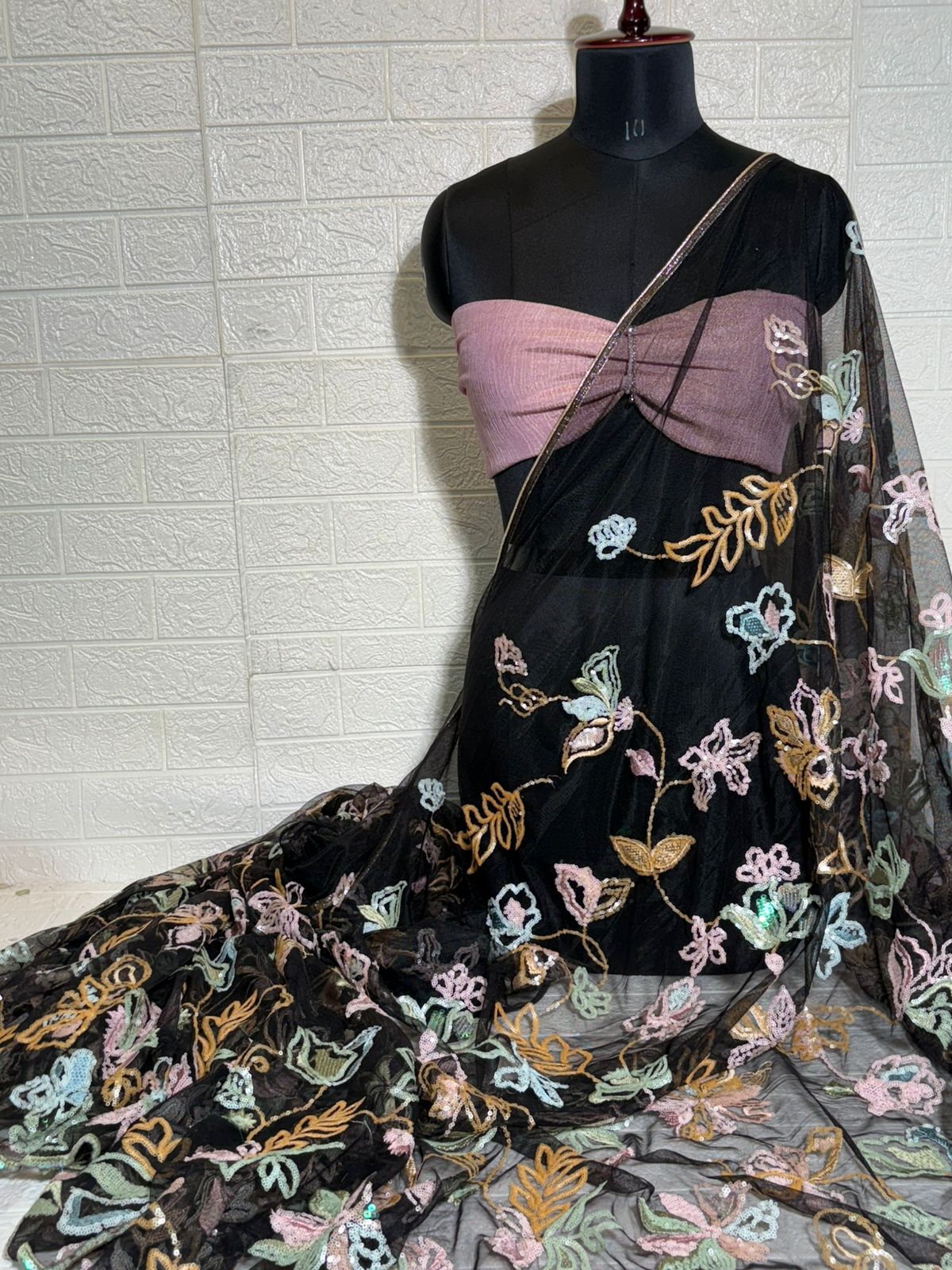Black Net Saree with Multicolor Thread Embroidery and Mauve Blouse