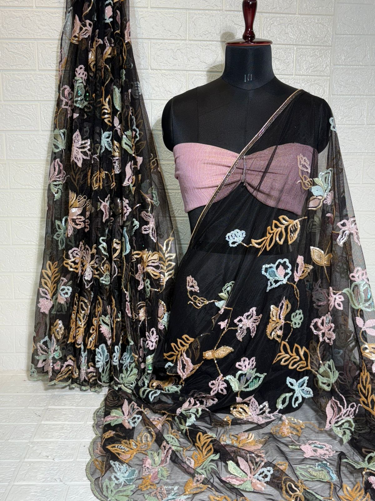 Black Net Saree with Multicolor Thread Embroidery and Mauve Blouse