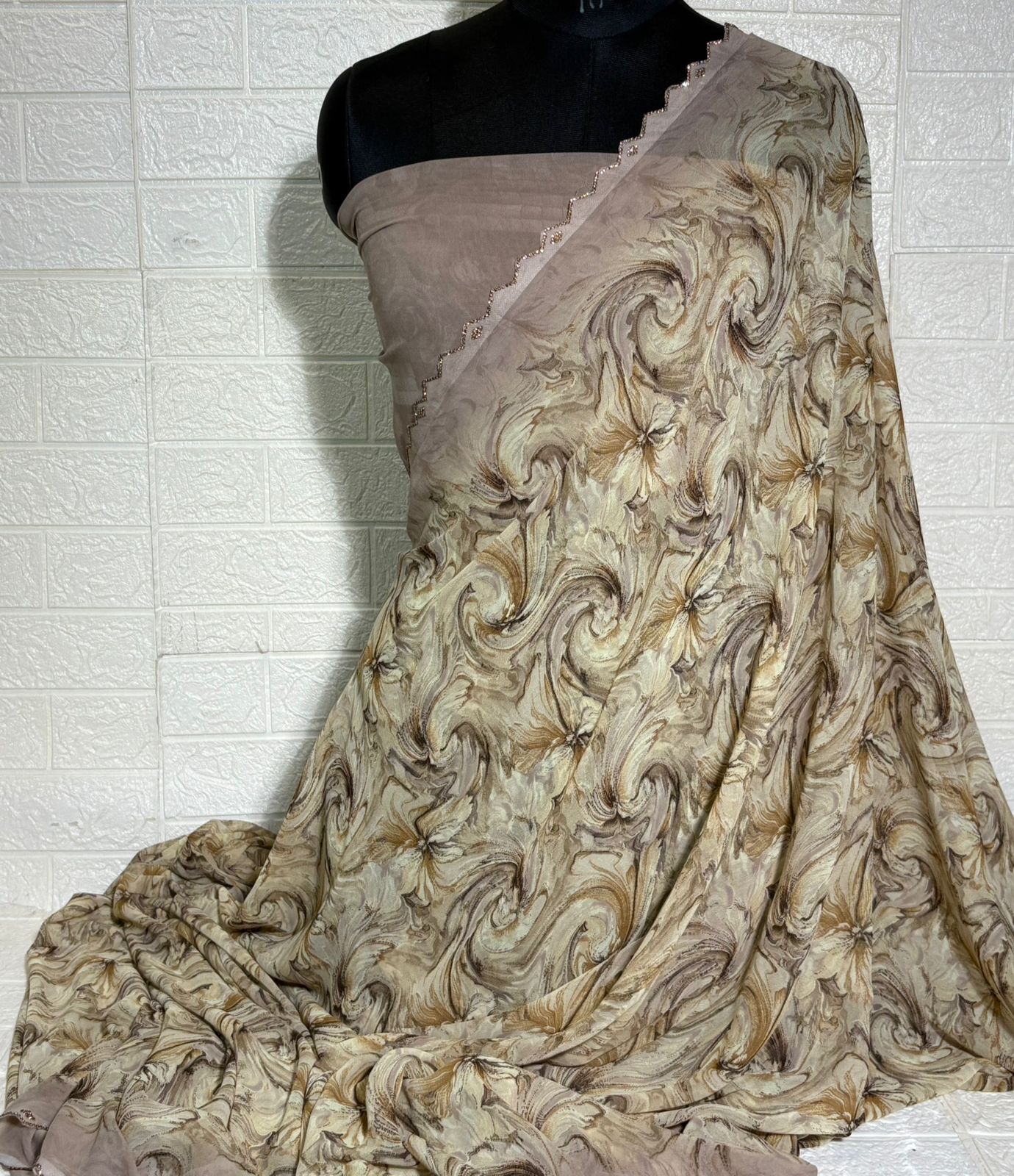 Beige & Brown Floral Swirl Printed Chiffon Saree with Scalloped Border