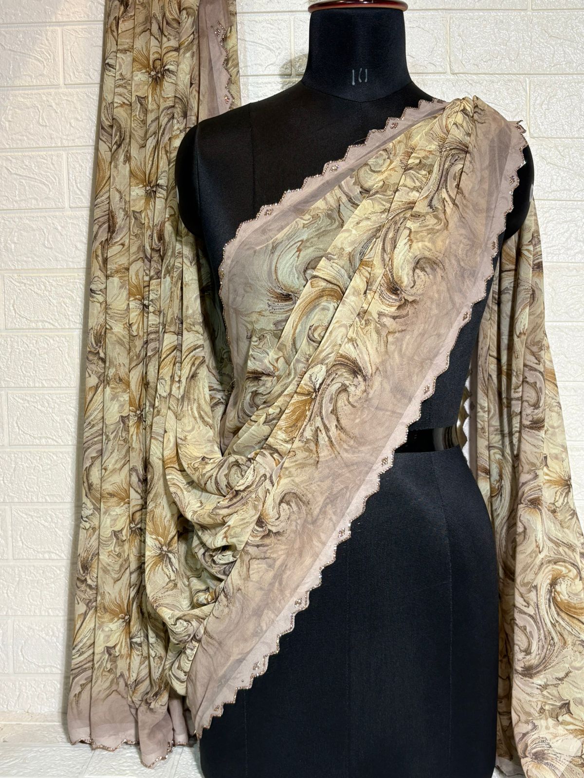 Beige & Brown Floral Swirl Printed Chiffon Saree with Scalloped Border