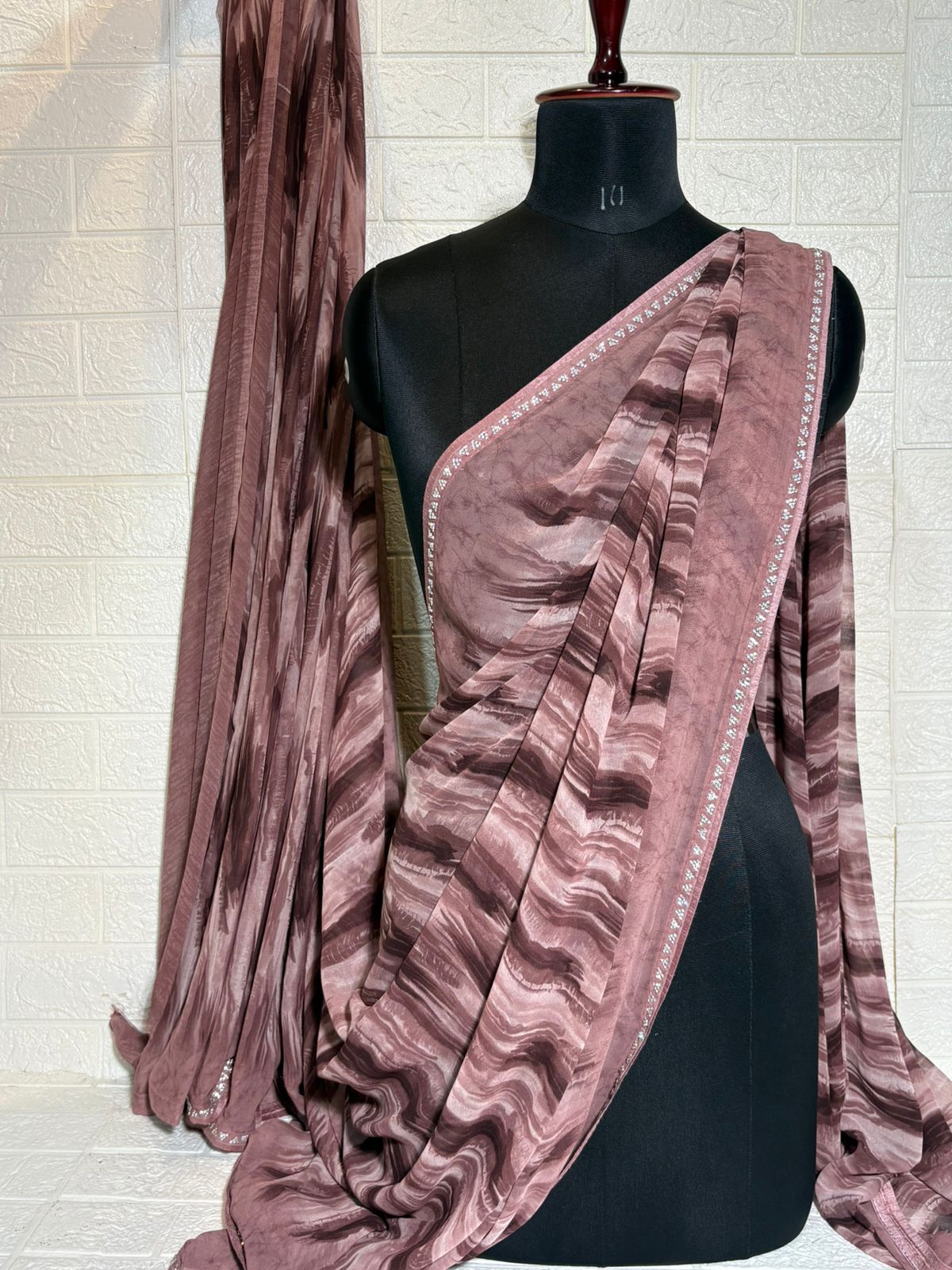 Dusty Mauve Marble Print Chiffon Saree with diamond Work Border