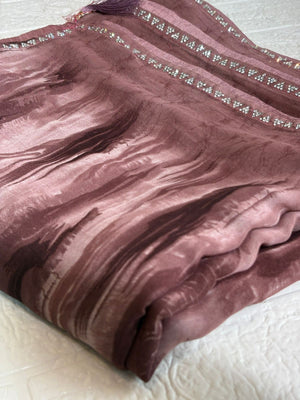Dusty Mauve Marble Print Chiffon Saree with diamond Work Border