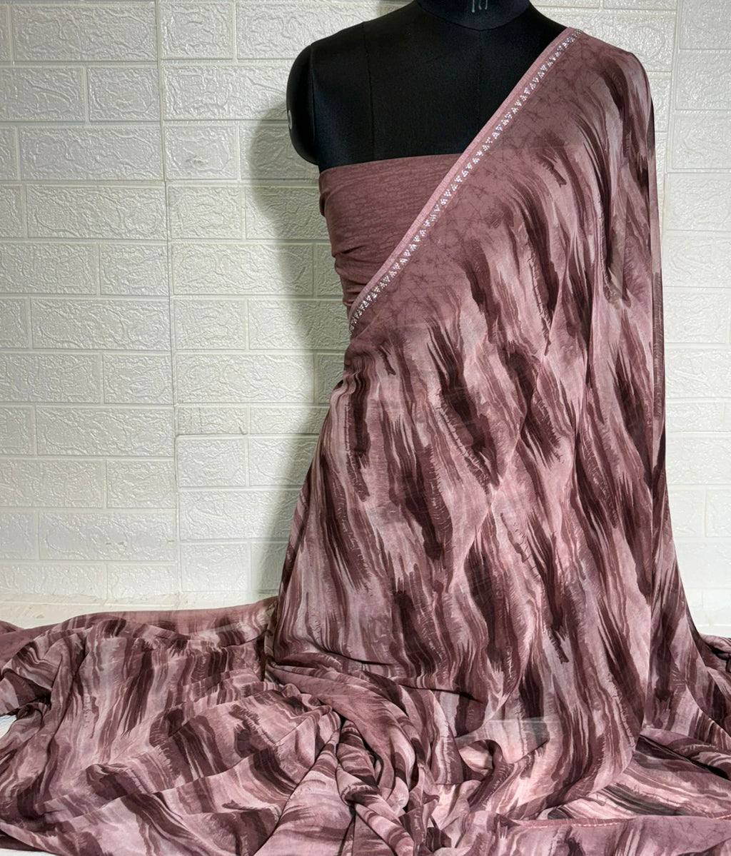Dusty Mauve Marble Print Chiffon Saree with diamond Work Border