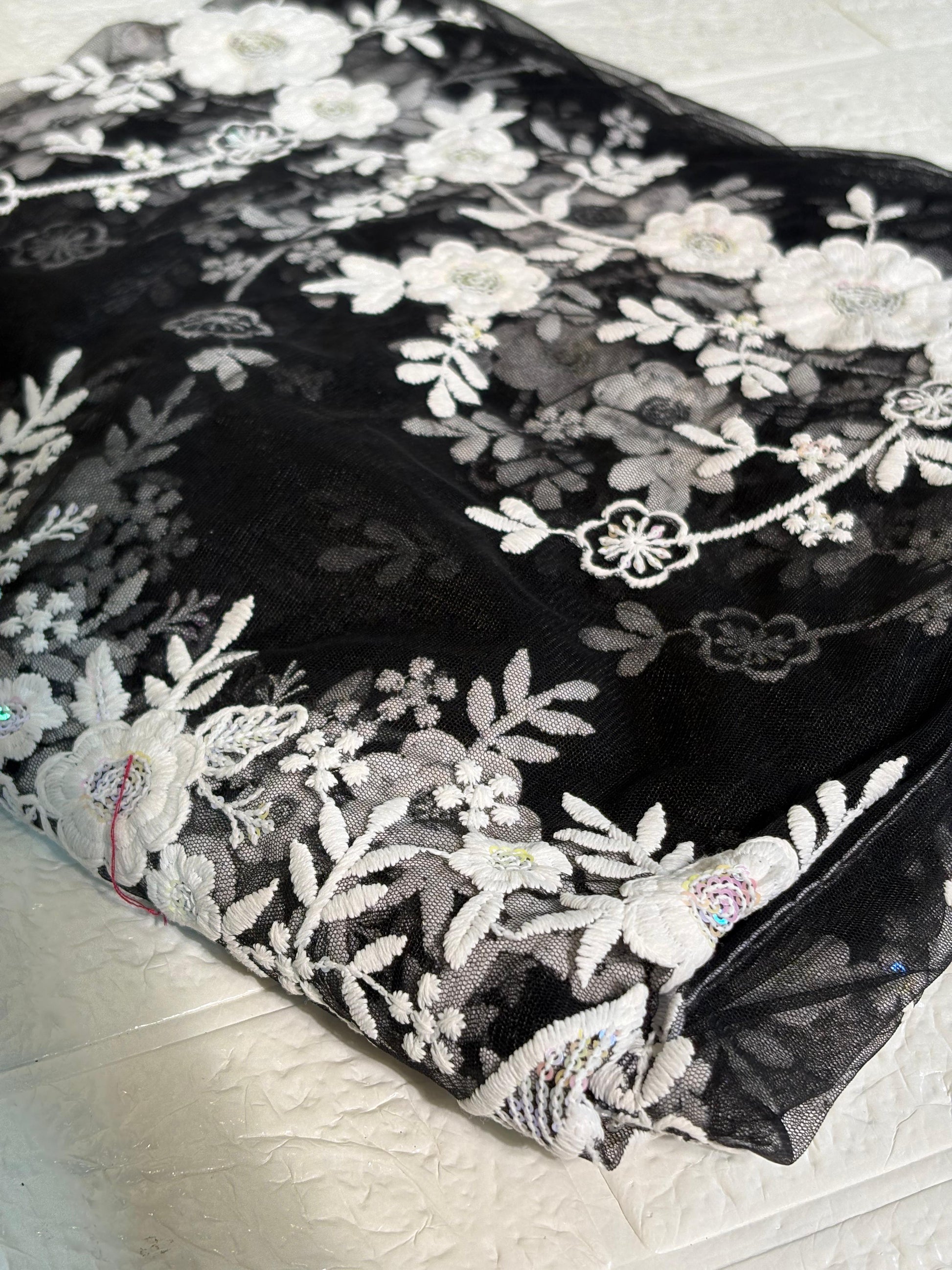 Black Net Saree with White and Lavender Floral Embroidery