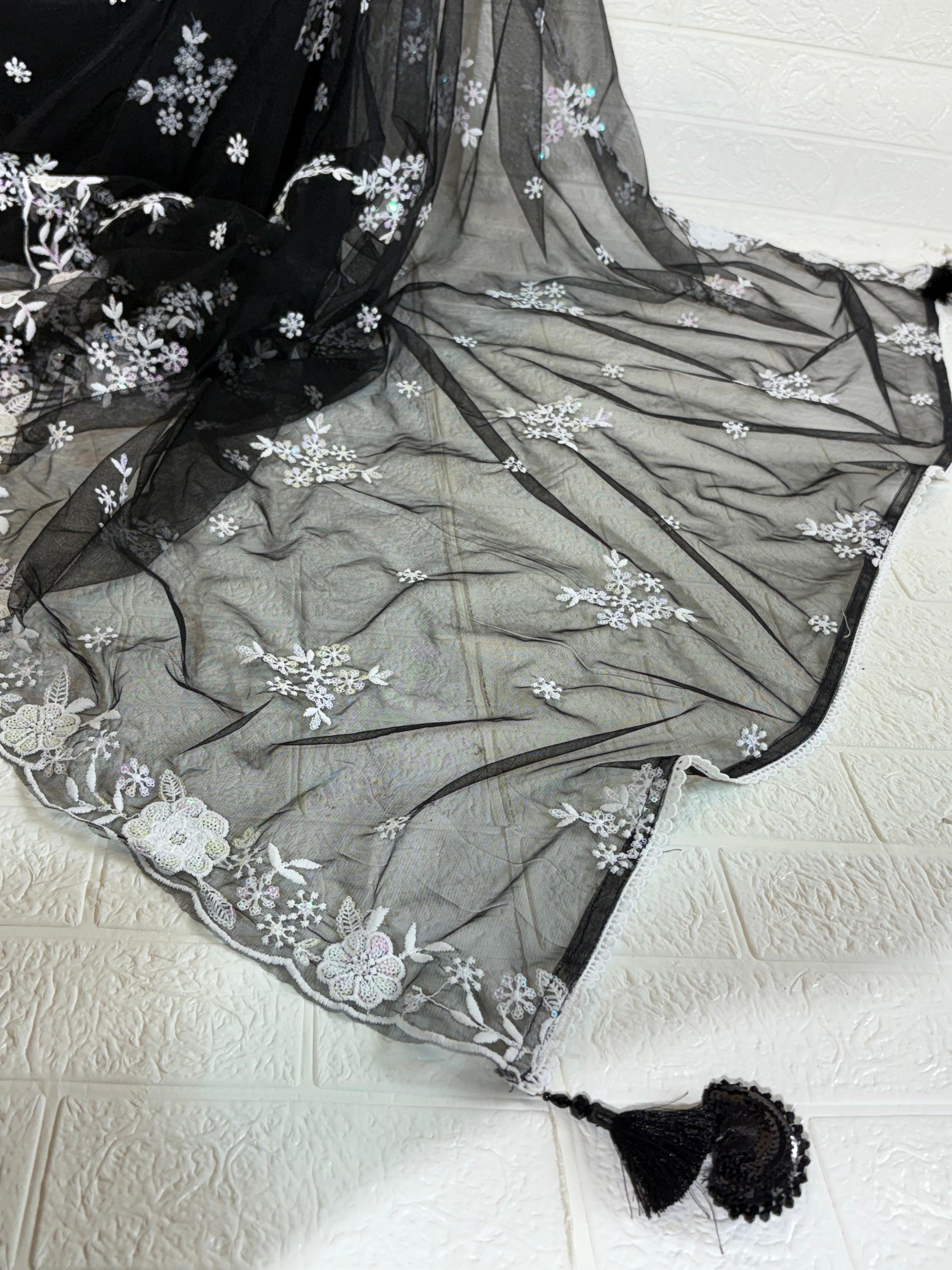 Black Net Saree with White and Lavender Floral Embroidery