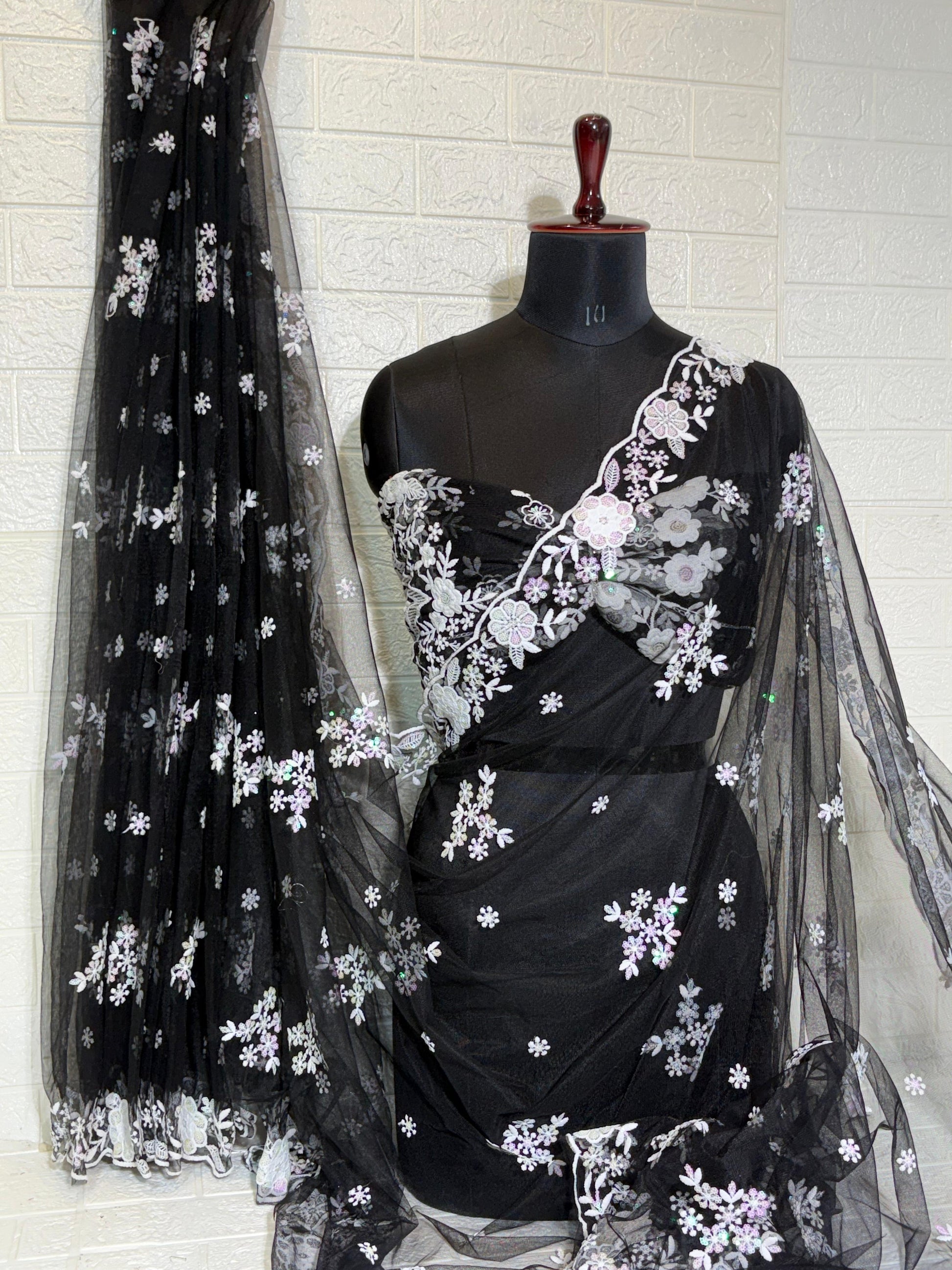 Black Net Saree with White and Lavender Floral Embroidery