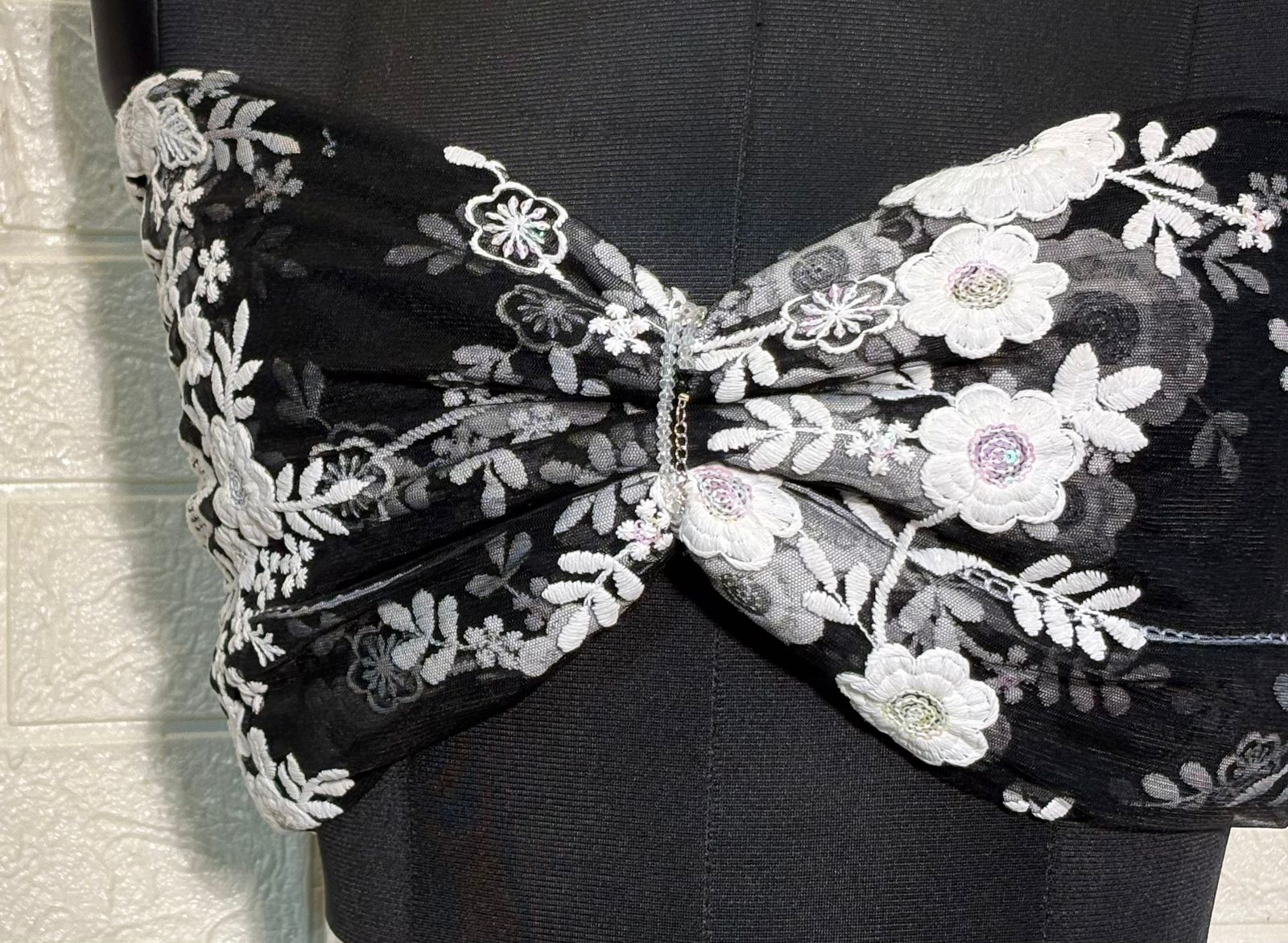 Black Net Saree with White and Lavender Floral Embroidery