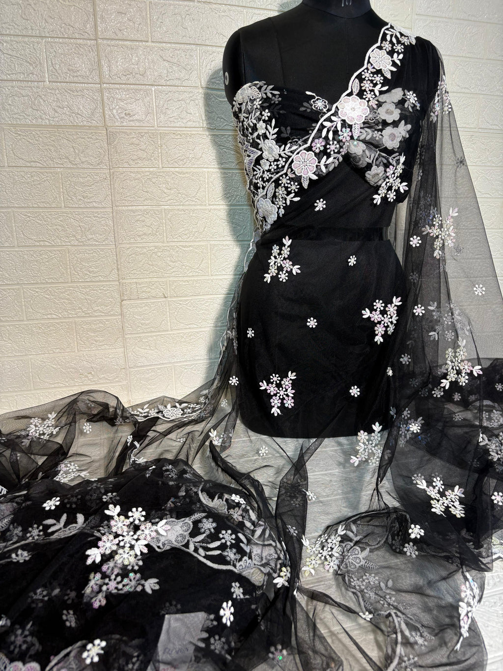 Black Net Saree with White and Lavender Floral Embroidery