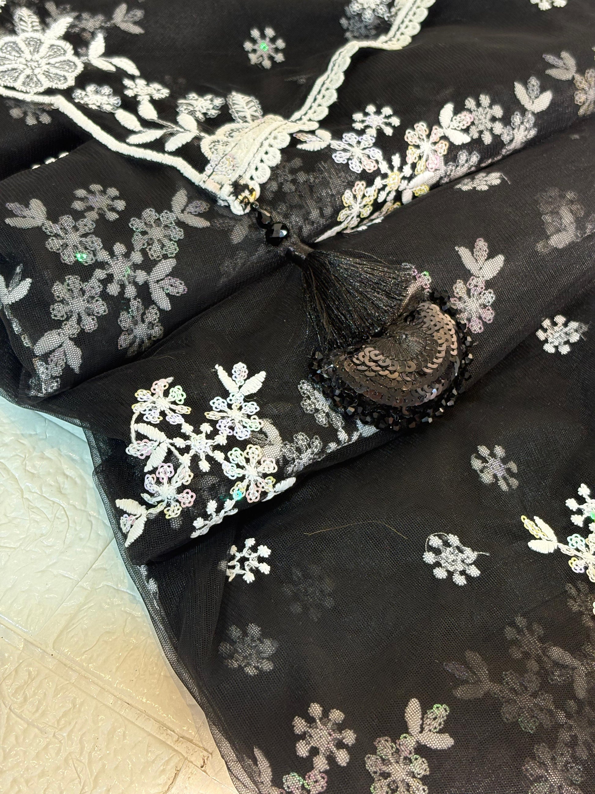 Black Net Saree with White and Lavender Floral Embroidery