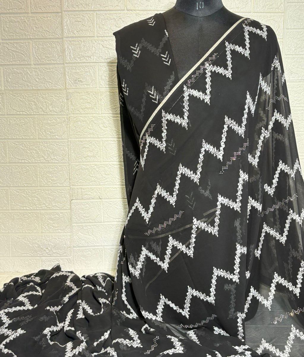Black & White Geometric Printed Chiffon Saree with Subtle Silver Border
