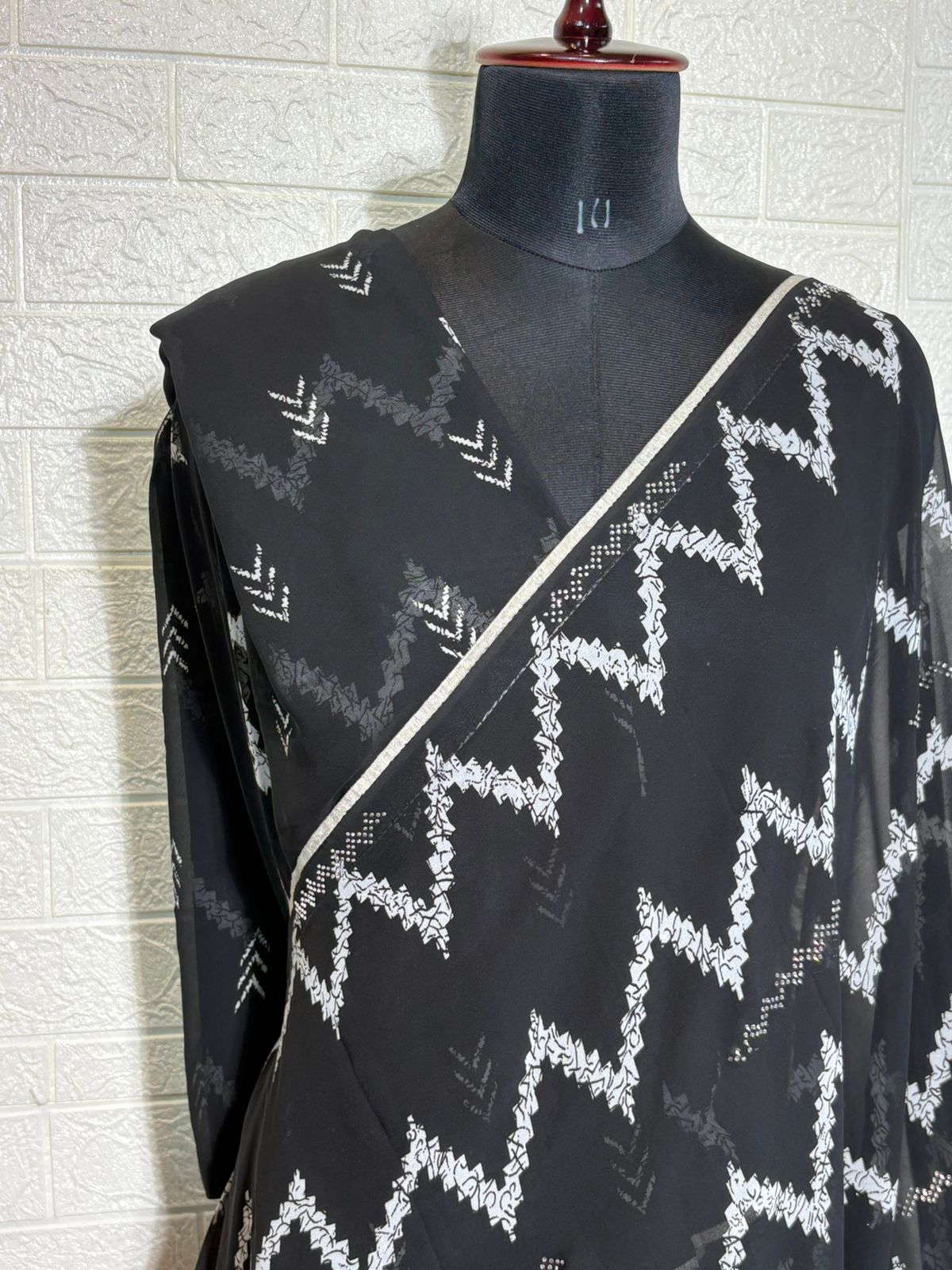 Black & White Geometric Printed Chiffon Saree with Subtle Silver Border