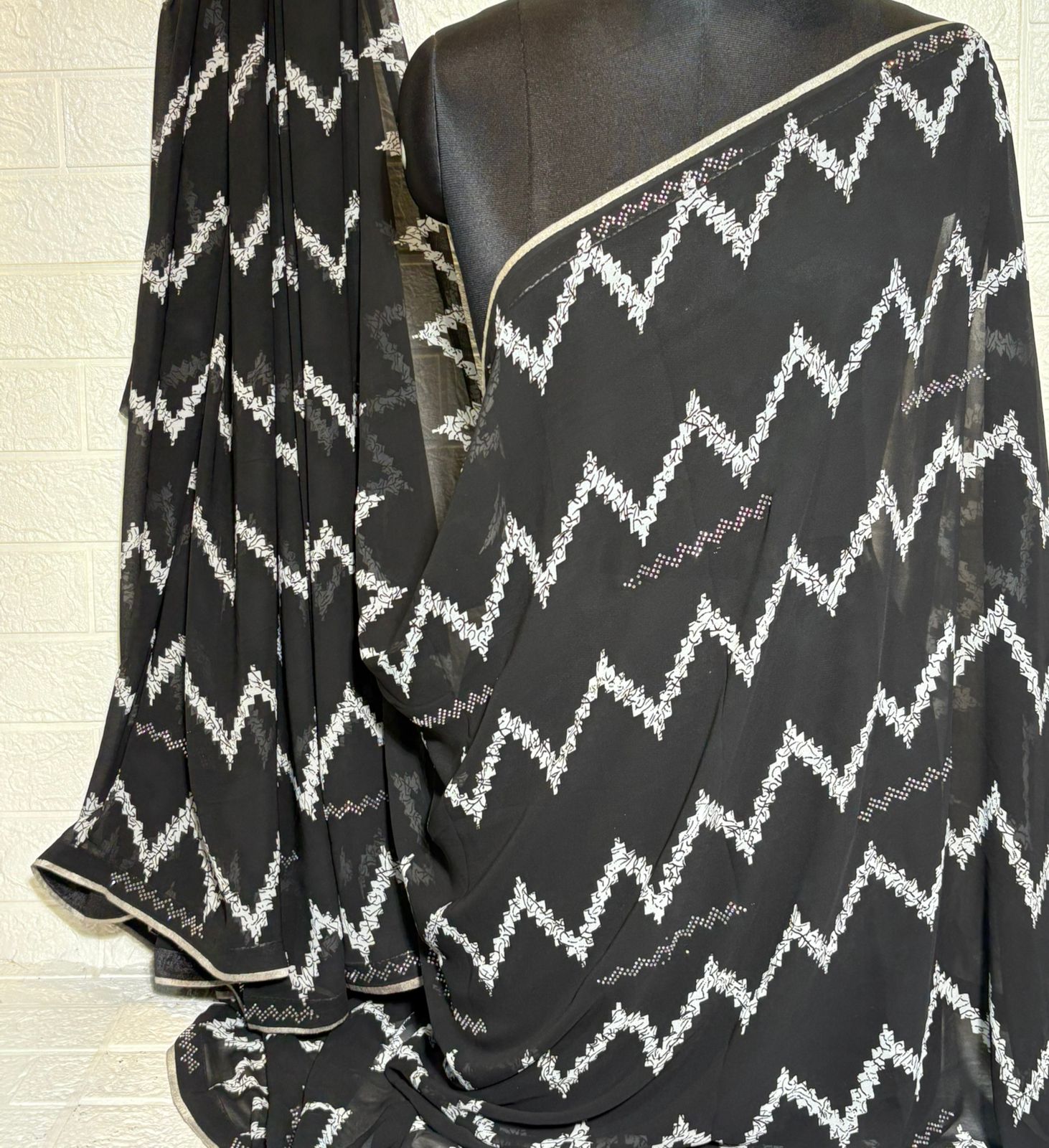 Black & White Geometric Printed Chiffon Saree with Subtle Silver Border