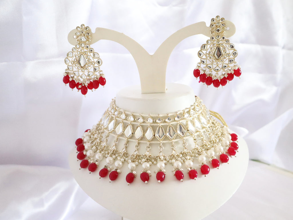 Royal Mirror Kundan Pearl & Ruby Choker Set