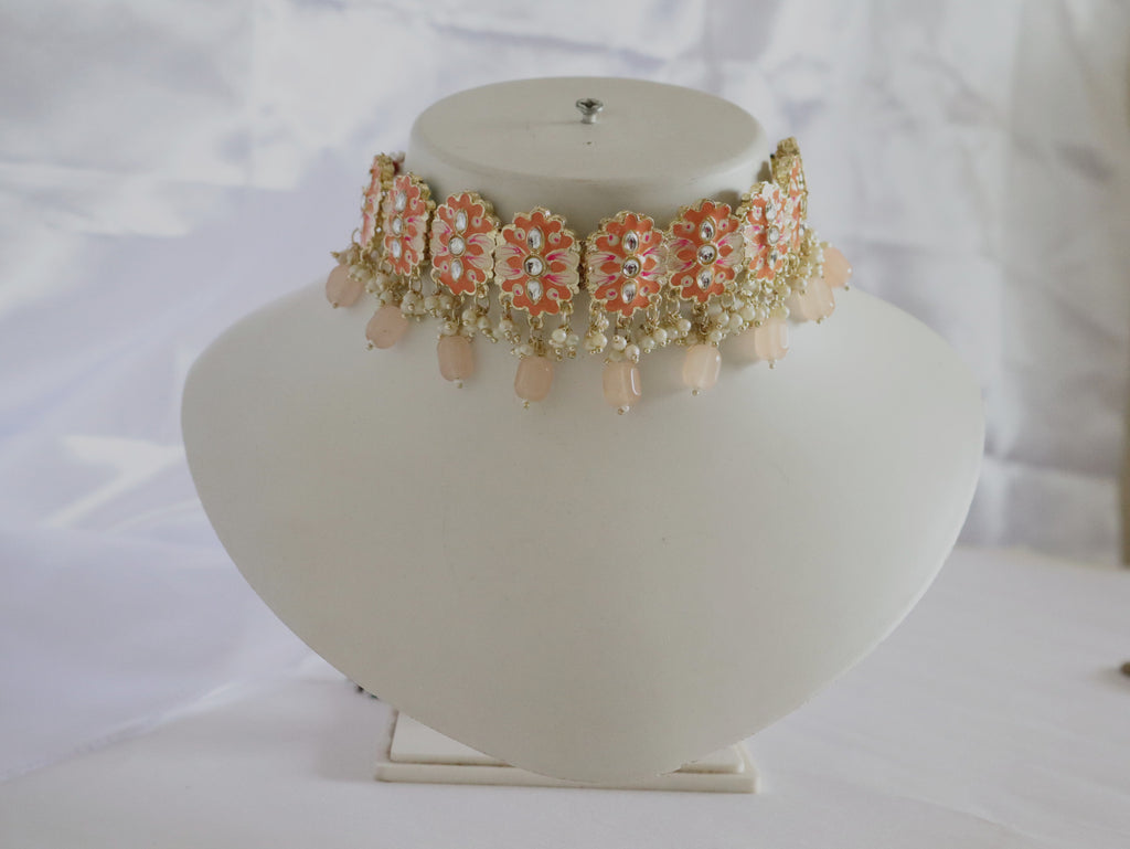 Blush Coral Enamel Pearl Choker Set