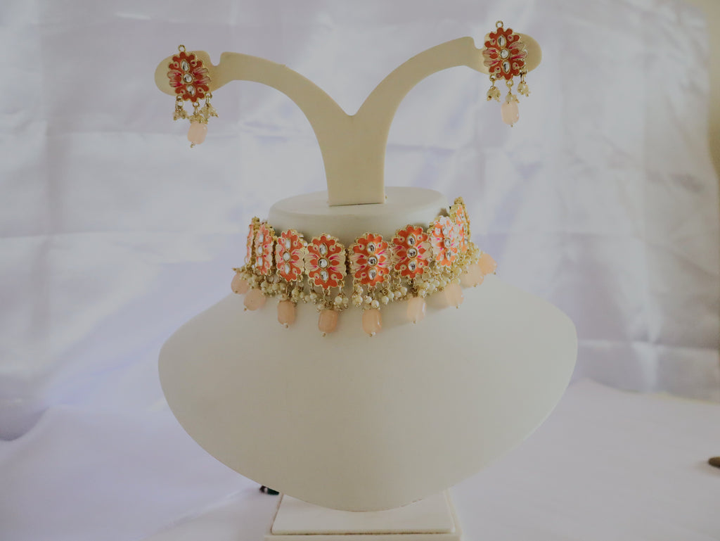 Blush Coral Enamel Pearl Choker Set