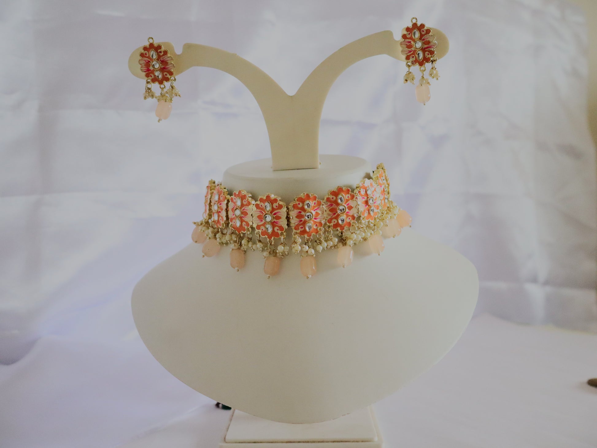 Blush Coral Enamel Pearl Choker Set