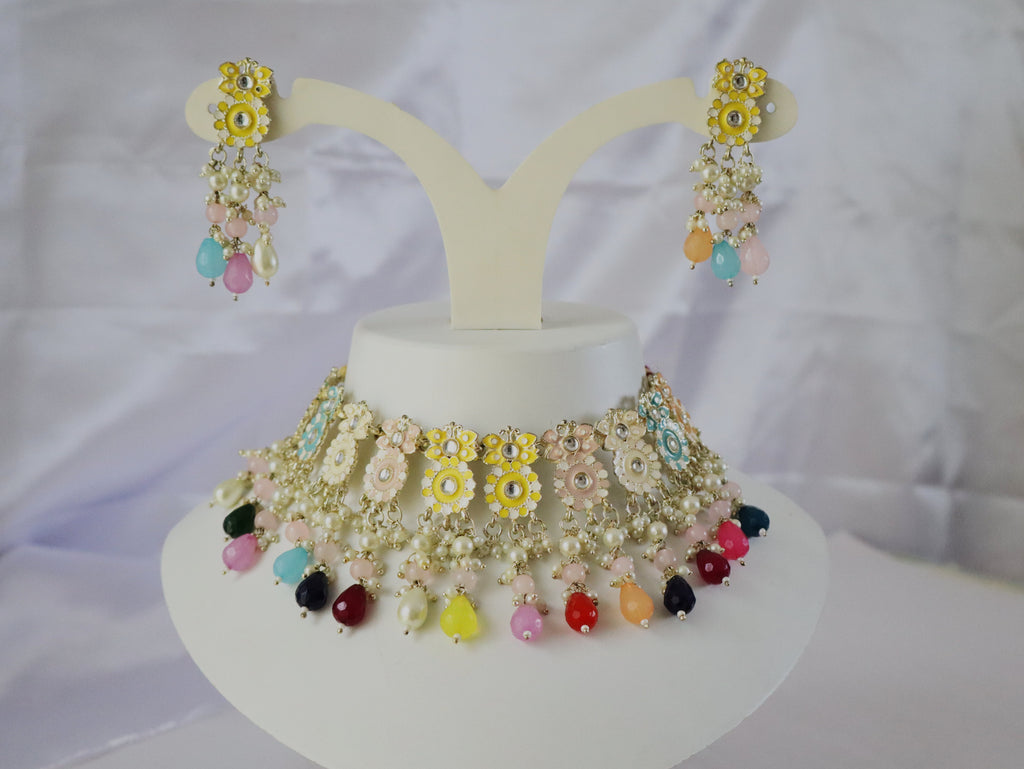 Multicolor Floral Kundan Choker Necklace Set