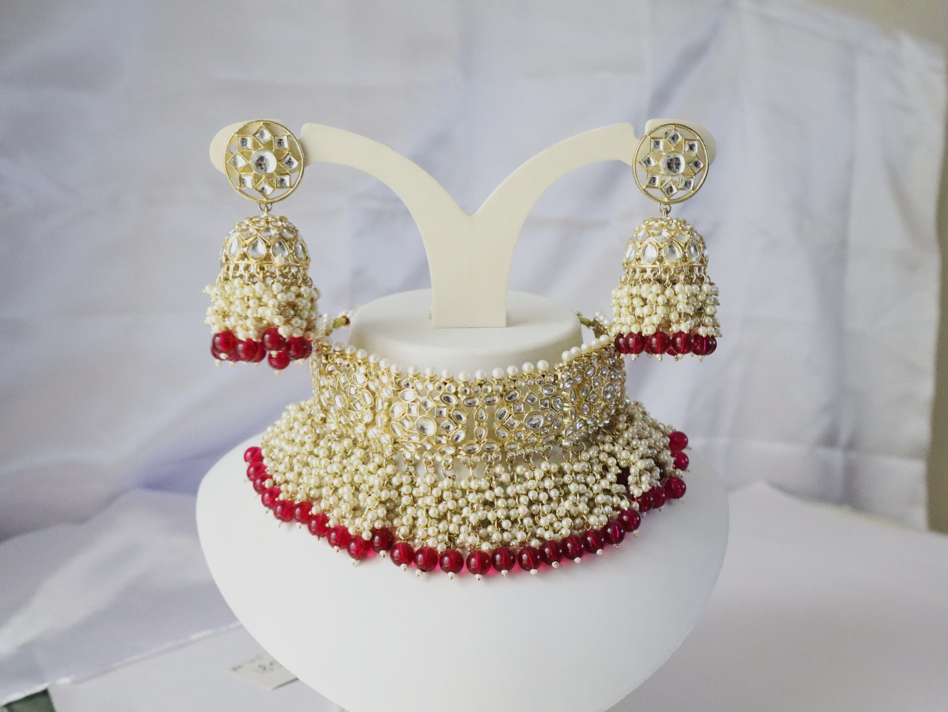 Royal Kundan Pearl Choker Set with Red Bead Drops
