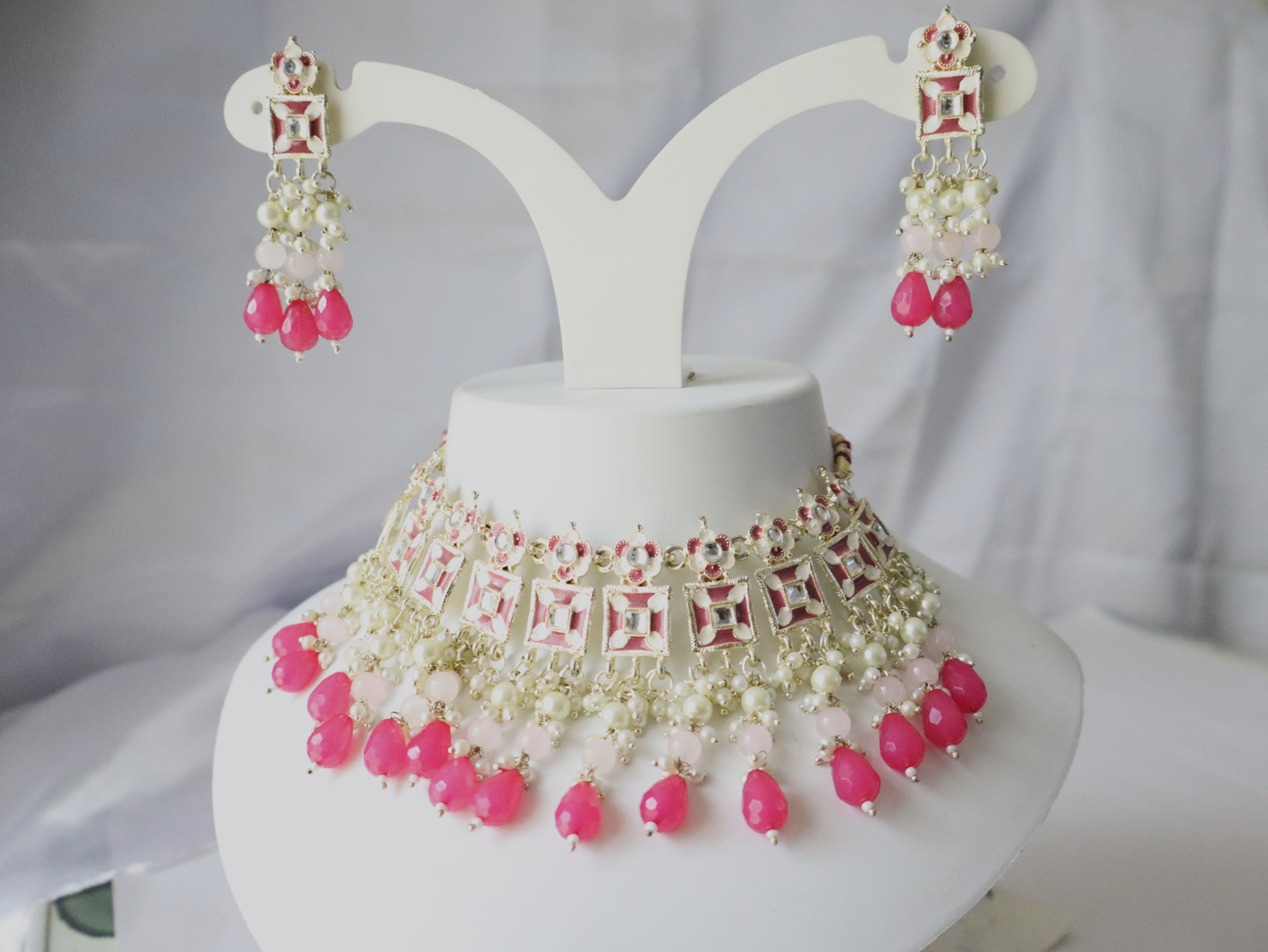 Pink Kundan Choker Necklace Set with Pearl & Bead Dangling