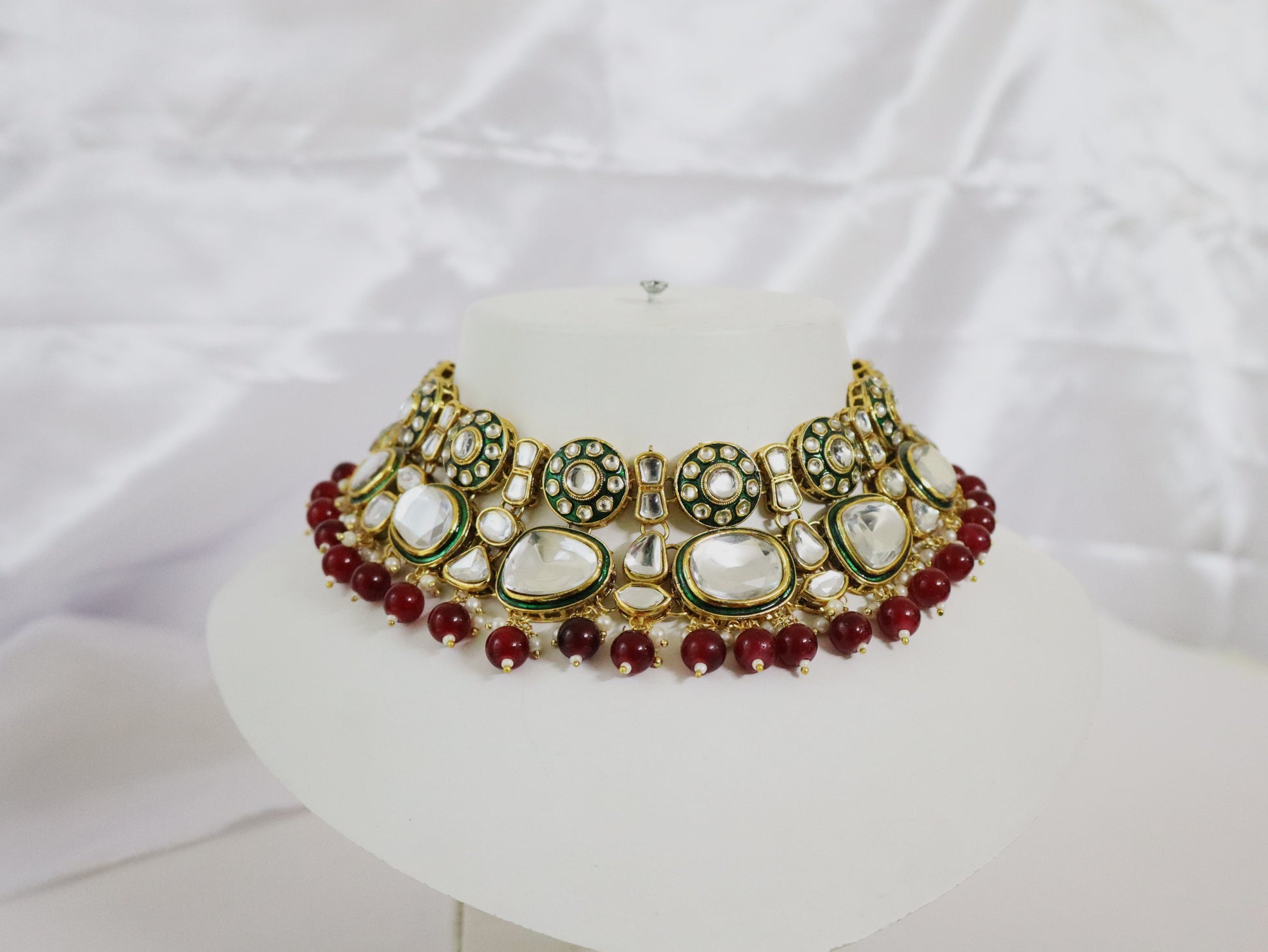 Green & Maroon Kundan Polki Bridal Choker Set