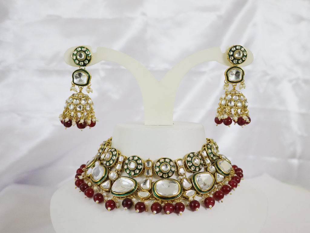 Green & Maroon Kundan Polki Bridal Choker Set
