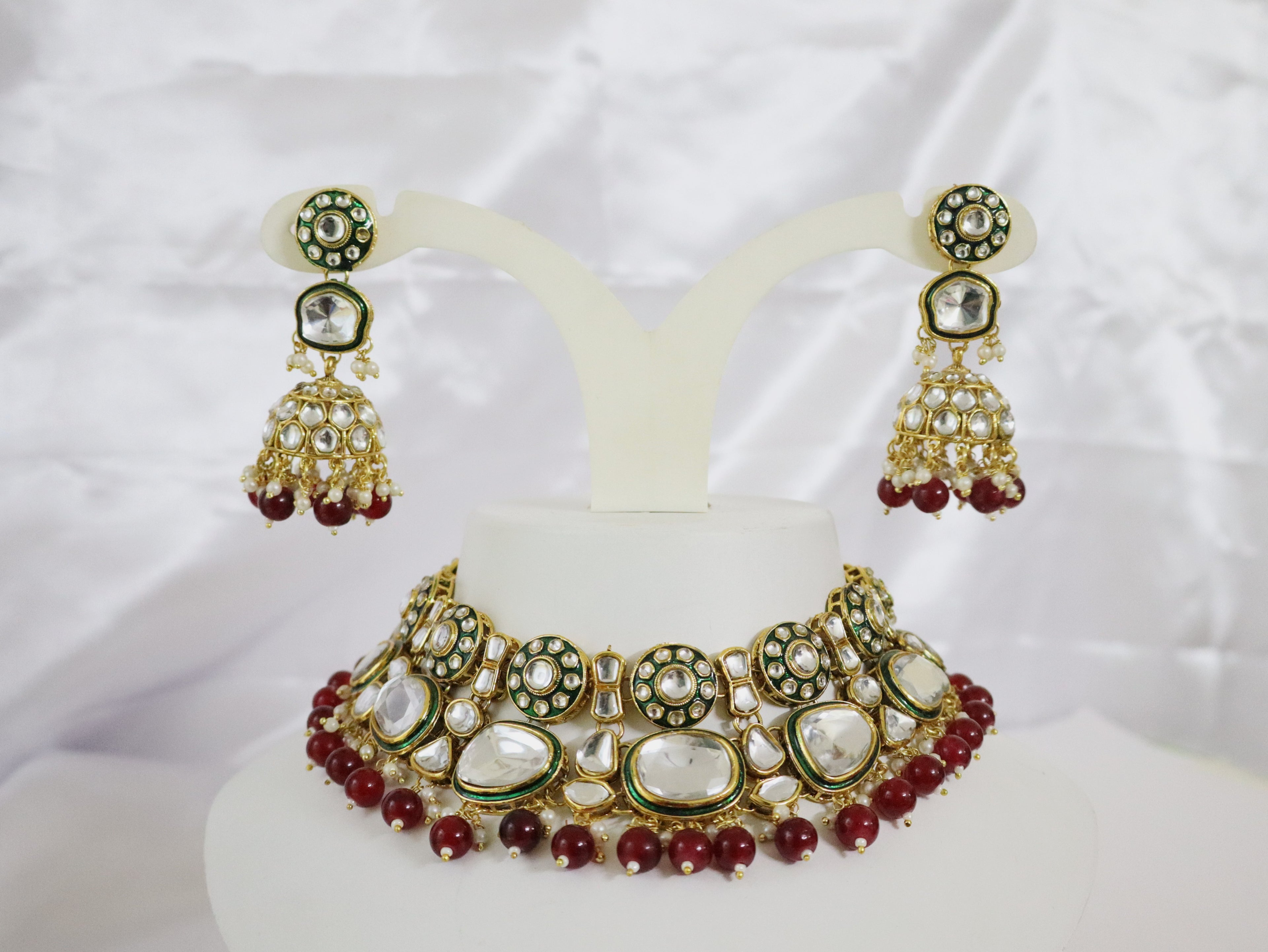 Green & Maroon Kundan Polki Bridal Choker Set